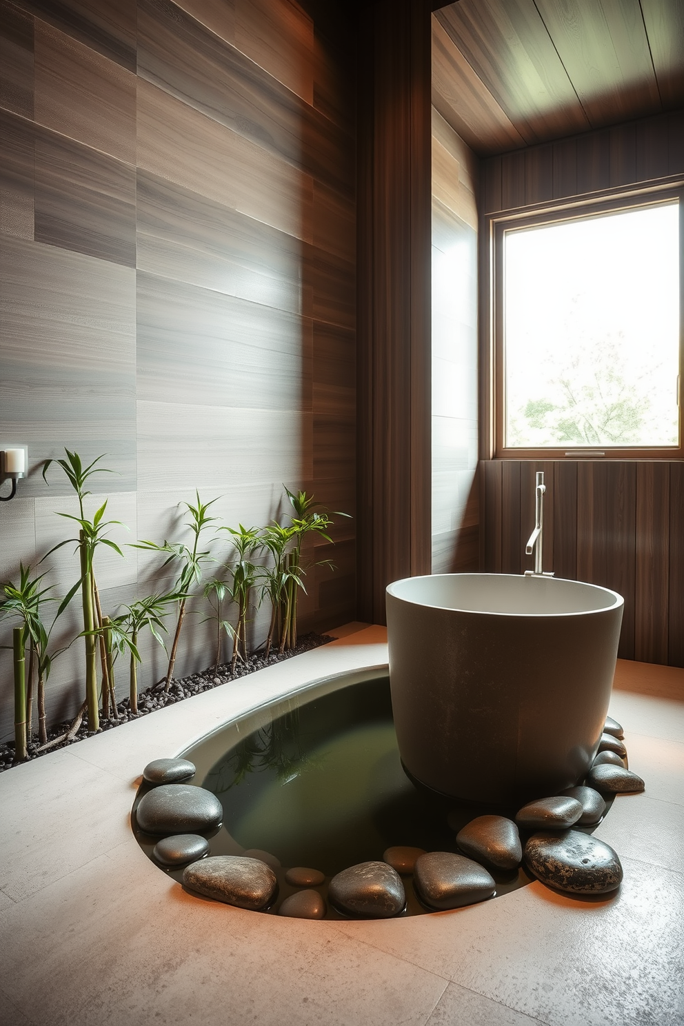 A serene spa-like retreat featuring natural materials. The space includes a freestanding soaking tub surrounded by bamboo plants and smooth river stones. Soft, ambient lighting enhances the tranquil atmosphere. The walls are adorned with textured wood panels, and a large window allows natural light to flood the room.