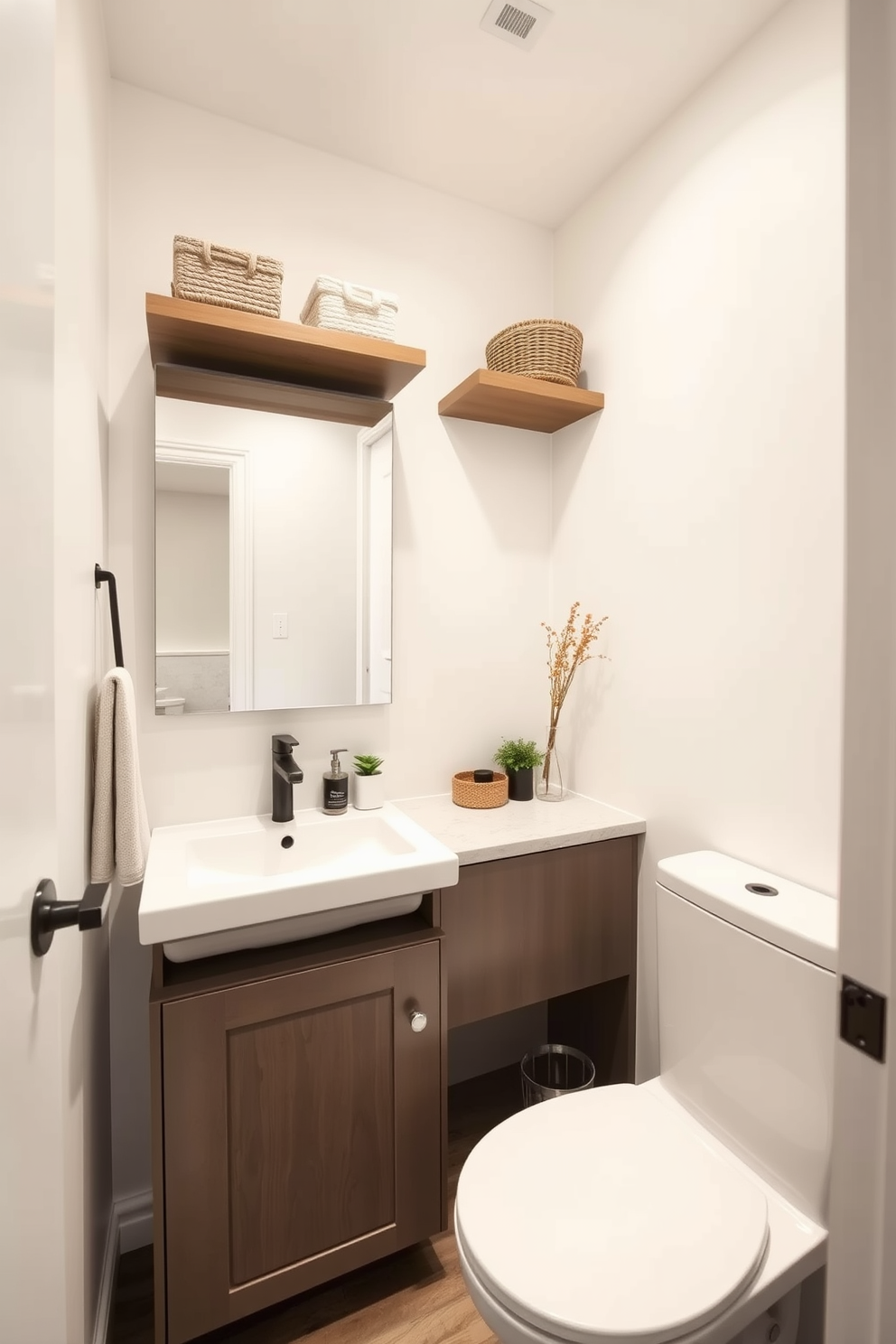 A modern bathroom design that maximizes storage in a compact area. Floating shelves are installed above the toilet, and a sleek cabinet is integrated under the sink to keep essentials organized. The walls are painted in a light neutral color to create an airy feel. A large mirror reflects natural light, enhancing the sense of space, while decorative baskets add a touch of warmth and style.