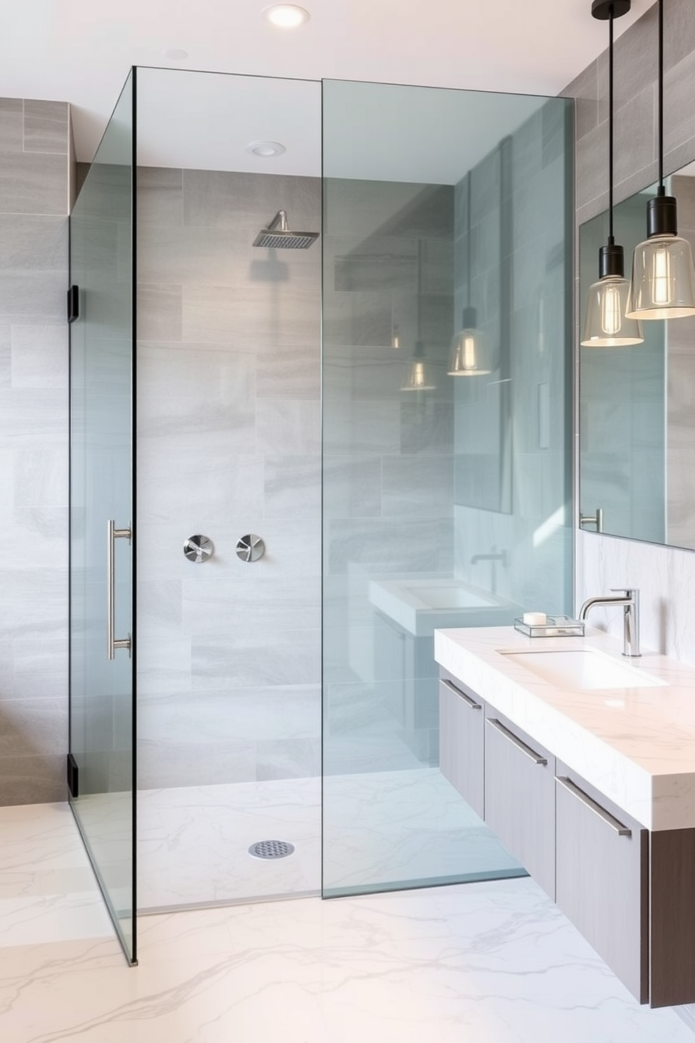 A contemporary bathroom featuring a glass shower enclosure that seamlessly integrates with the overall design. The walls are adorned with large format tiles in a soft gray tone, while the floor showcases elegant marble accents. The shower area includes a rain showerhead and minimalist fixtures, creating a luxurious experience. A floating vanity with a quartz countertop complements the modern aesthetic, and stylish pendant lights add warmth to the space.