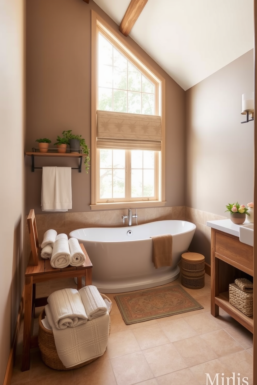 A serene bathroom retreat featuring earthy tones that evoke a calming atmosphere. The walls are painted in soft taupe, complemented by a warm beige tile floor and natural wood accents throughout the space. A freestanding soaking tub is positioned beneath a large window, allowing natural light to flood the room. A rustic wooden shelf holds neatly rolled towels and a selection of potted plants, enhancing the tranquil vibe.