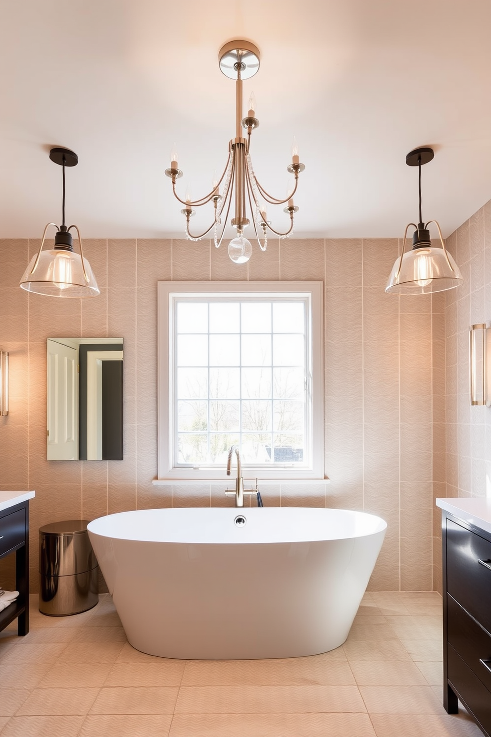 A stylish bathroom featuring statement lighting fixtures that enhance the overall aesthetic. The space includes a modern chandelier above the soaking tub and sleek pendant lights flanking the vanity. The walls are adorned with textured tiles in soft neutral tones, creating a warm atmosphere. A freestanding bathtub is positioned under a large window, allowing natural light to flood the room.