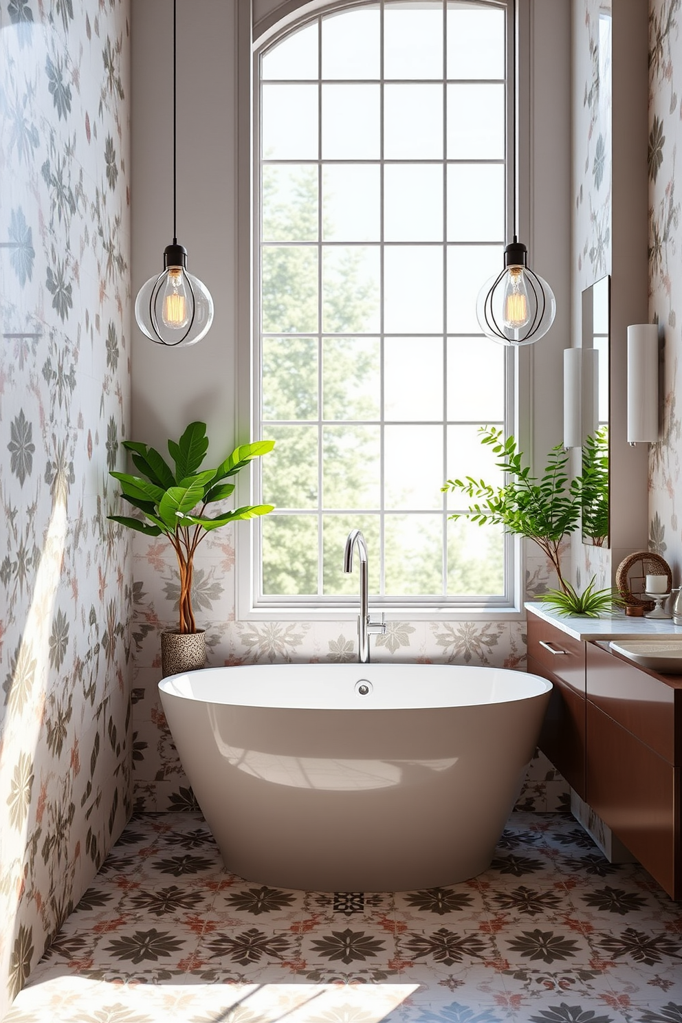 Create a stunning bathroom design featuring a mix of geometric and floral tile patterns on the walls and floor. Incorporate a freestanding soaking tub with a sleek modern faucet and a large window allowing natural light to flood the space. Include a stylish double vanity with unique pendant lighting hanging above each sink. Add lush greenery in decorative pots to enhance the ambiance and create a serene atmosphere.