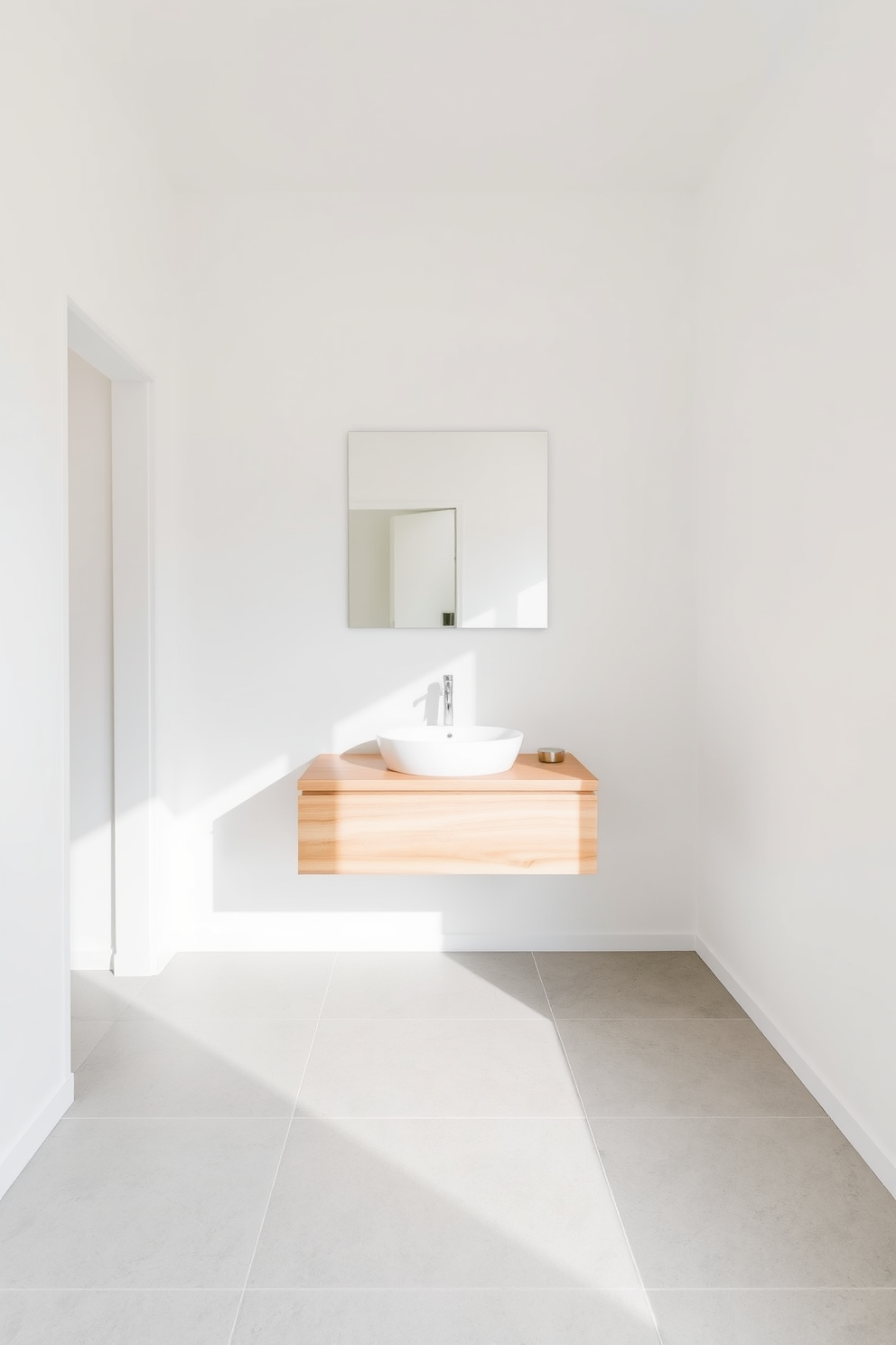 A serene minimalist bathroom featuring clean lines and a spacious layout. The walls are painted in a soft white hue, and the floor is adorned with large light gray tiles. A sleek floating vanity made of natural wood holds a single, elegant sink. Above the vanity, a frameless mirror reflects the simplicity of the design, enhancing the sense of openness.