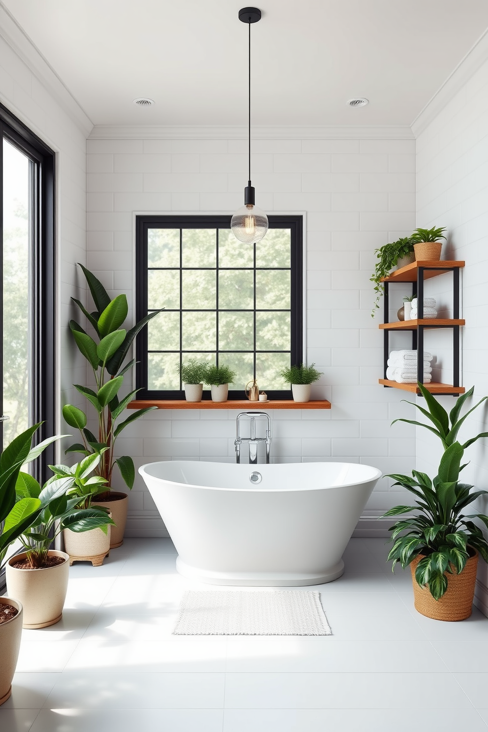 A serene bathroom oasis featuring a freestanding soaking tub positioned near a large window that lets in natural light. Lush potted plants are placed strategically around the room, enhancing the fresh and inviting atmosphere. The walls are adorned with soft white tiles, while a wooden shelf holds neatly rolled towels and decorative items. A chic pendant light hangs above the tub, creating a warm ambiance for relaxation.