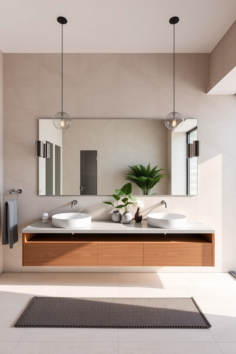 A modern bathroom featuring dual sinks designed for shared spaces. The sinks are integrated into a sleek floating vanity with ample storage underneath, complemented by stylish pendant lighting above. The walls are adorned with large format tiles in a soft neutral tone, creating a calming atmosphere. A large mirror stretches across the vanity, reflecting the natural light from a nearby window, while decorative plants add a touch of greenery.