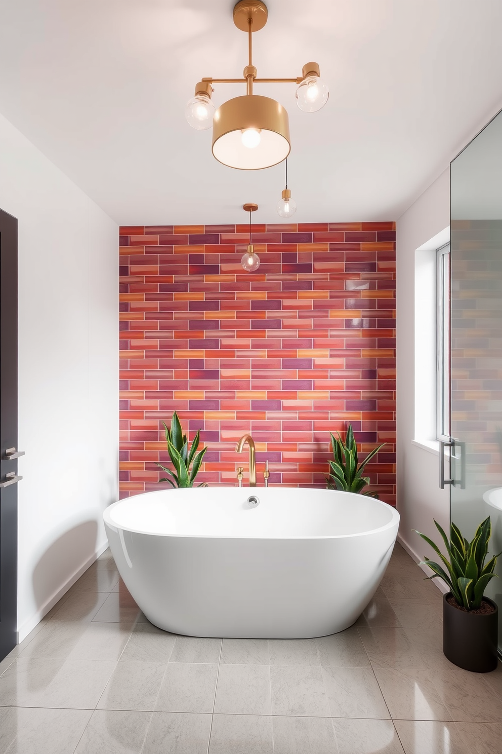 A contemporary bathroom design featuring bold accent tiles that create a striking visual interest. The walls are adorned with vibrant geometric tiles, while the floor showcases a sleek, minimalist style in a neutral hue. A freestanding soaking tub sits at the center, surrounded by stylish plants for a touch of nature. Elegant lighting fixtures hang above, casting a warm glow that enhances the overall ambiance of the space.