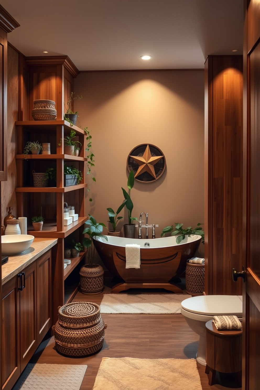 A cozy bathroom design featuring warm wood accents throughout. The wooden cabinetry complements the soft lighting, creating an inviting atmosphere. The space includes a freestanding soaking tub surrounded by wooden shelves filled with plants and decorative items. Rich earth tones adorn the walls, enhancing the warmth and comfort of the room.