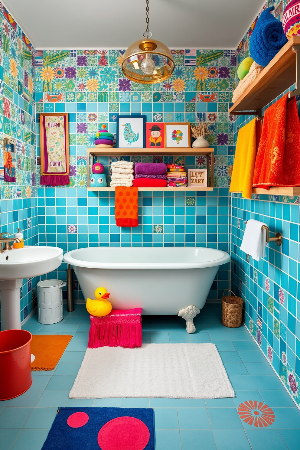 A whimsical bathroom setting filled with playful decor. Colorful tiles adorn the walls, featuring fun patterns that evoke a sense of joy and creativity. A freestanding bathtub sits in the center, surrounded by quirky accessories like a rubber duck and vibrant bath mats. Floating shelves display an array of colorful towels and whimsical art pieces that add character to the space.