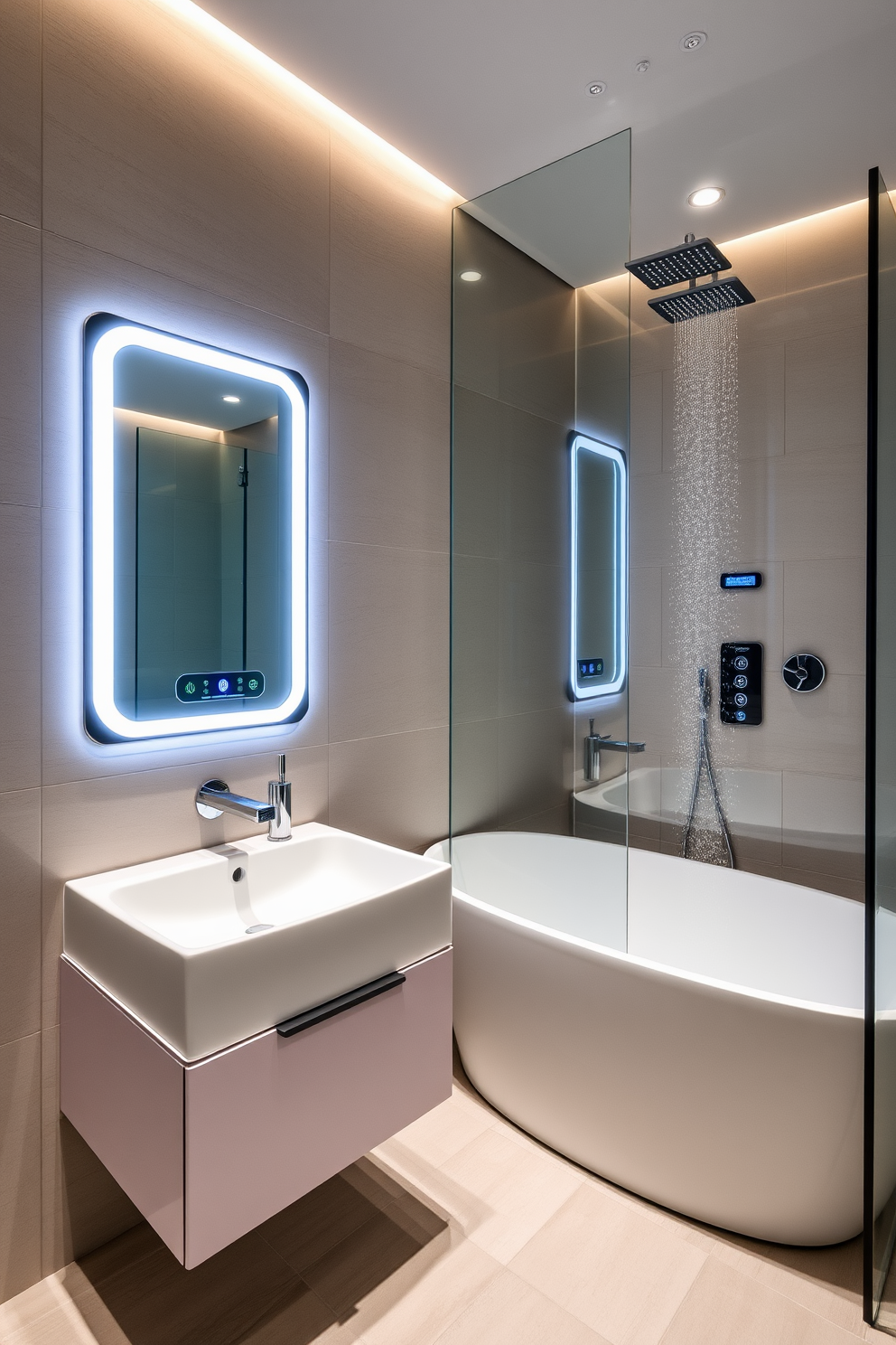 A modern bathroom design featuring high-tech amenities for ultimate convenience. The space includes a smart mirror with integrated lighting and touch controls, alongside a sleek, freestanding bathtub with a digital temperature control panel. The shower area boasts a rainfall showerhead with adjustable settings and a built-in sound system. The walls are adorned with large-format tiles in a neutral tone, while the floor features heated tiles for added comfort.