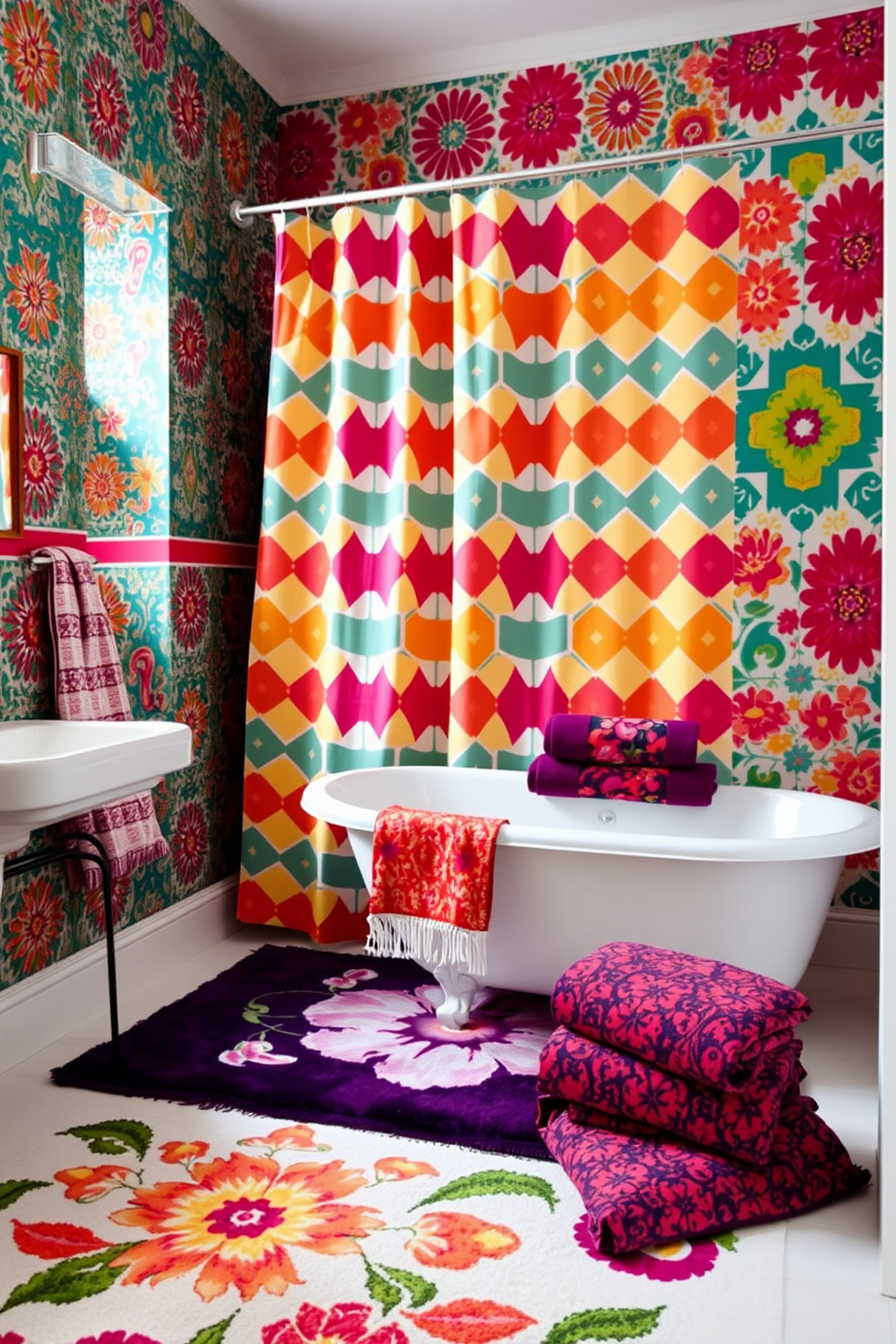 A vibrant bathroom featuring textiles with bold patterns that create striking contrasts. The walls are adorned with a colorful wallpaper, while the shower curtain showcases a geometric design in bright hues. A plush area rug with a large floral print lies beneath a freestanding bathtub. The towels are displayed in a rich tapestry style, adding layers of texture and visual interest to the space.