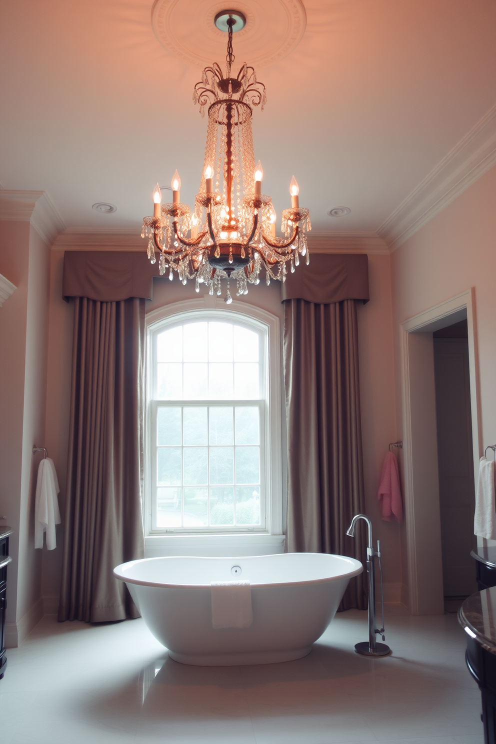 A luxurious bathroom featuring an elegant chandelier that casts a warm glow over the space. The chandelier is adorned with crystal accents and complements the rich textures of the room. The bathroom includes a freestanding soaking tub positioned beneath a large window, allowing natural light to flood in. Soft, neutral tones on the walls and plush towels enhance the serene atmosphere.