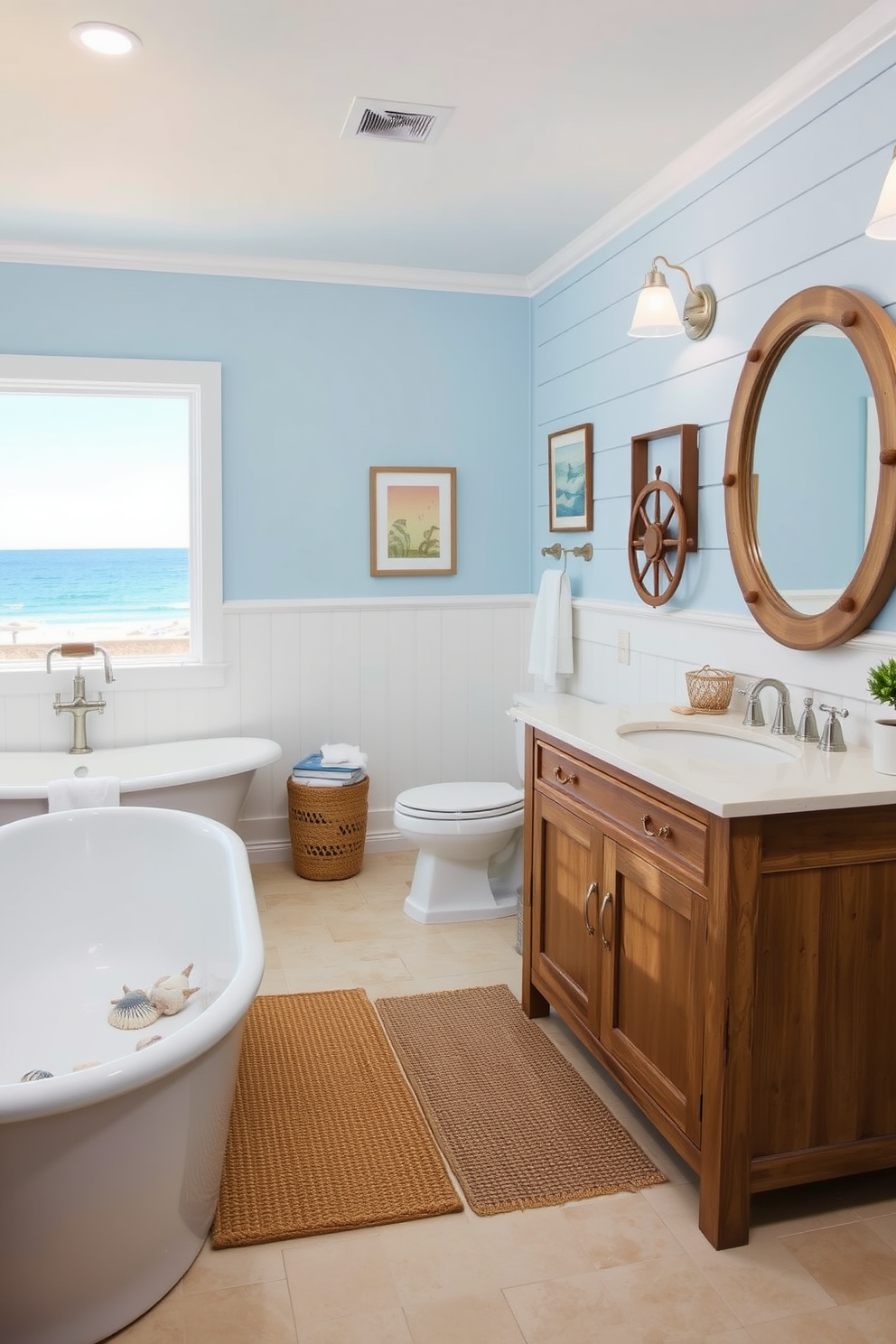 A serene coastal bathroom featuring soft blue walls that evoke the tranquility of the ocean. The space includes a freestanding soaking tub with a view of the sea, adorned with seashell accents and a woven jute rug underneath. Incorporate a wooden vanity with a driftwood finish, topped with a light-colored stone surface. Nautical-inspired decor such as a ship's wheel and framed ocean prints add charm, while white shiplap paneling brings a fresh coastal feel.