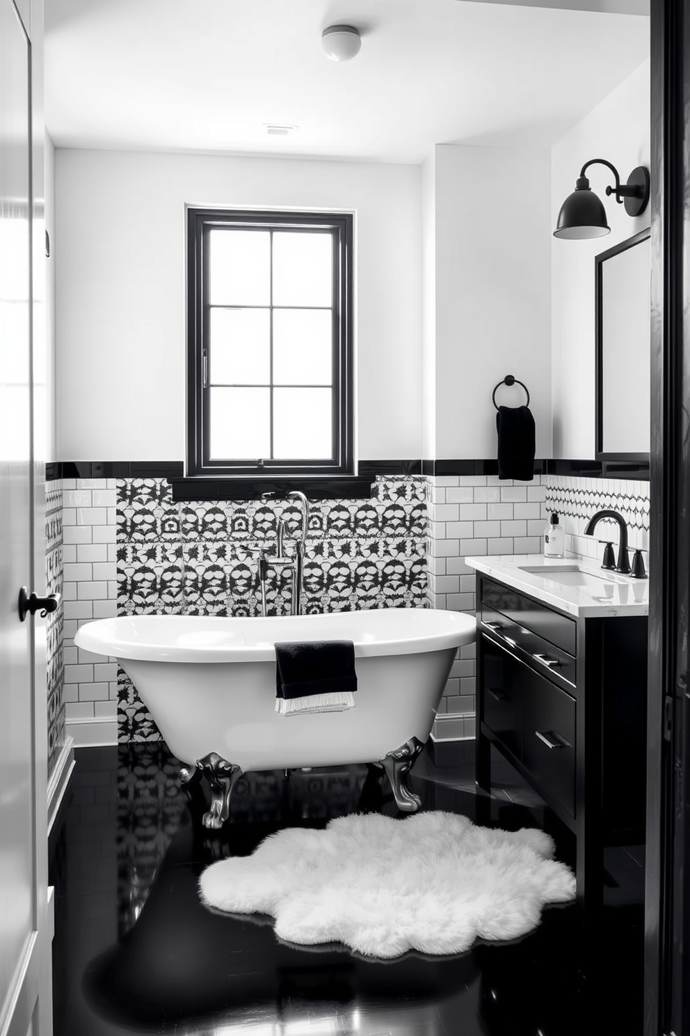 A striking black and white bathroom features a freestanding tub with elegant claw feet positioned under a large window. The walls are adorned with black and white geometric tiles, while a sleek black vanity with a white marble top adds a touch of sophistication. Bold black accents are incorporated through the light fixtures and towel racks, creating a dramatic contrast against the crisp white walls. A plush white rug lies beneath the tub, adding warmth and comfort to the striking monochrome design.