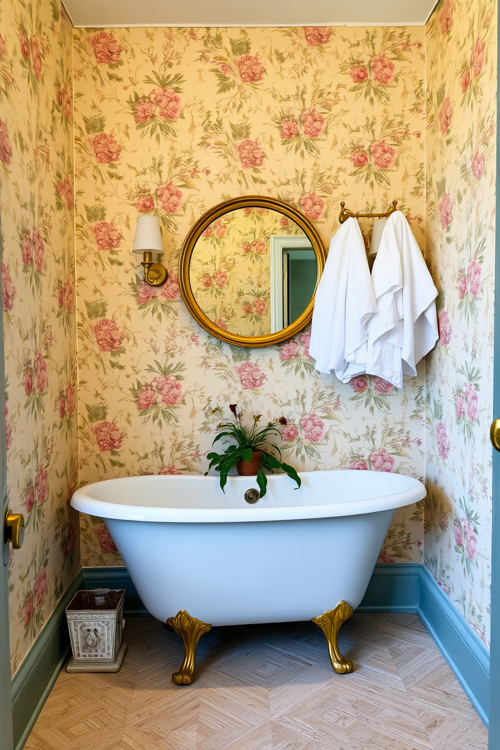 A cozy bathroom adorned with vintage wallpaper that features intricate floral patterns in soft pastel colors. The walls evoke a sense of nostalgia, while a freestanding clawfoot tub sits elegantly in the center, surrounded by potted greenery. A rustic wooden vanity complements the charming wallpaper, topped with a round mirror framed in distressed gold. Soft white towels neatly hang from the brass fixtures, adding a touch of warmth and comfort to the space.