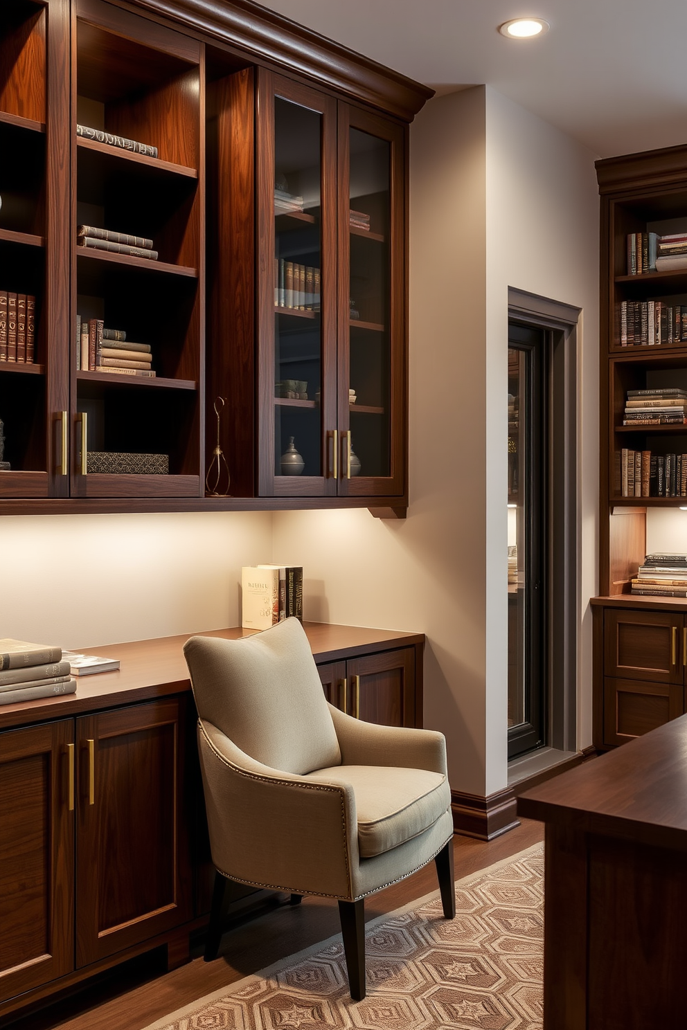 Custom cabinetry designed for unique storage solutions. The cabinetry features a blend of open shelving and closed compartments, finished in a rich walnut wood with sleek brass hardware. The design incorporates a cozy reading nook, complete with a plush armchair and a small side table. Soft ambient lighting highlights the cabinetry while creating an inviting atmosphere.