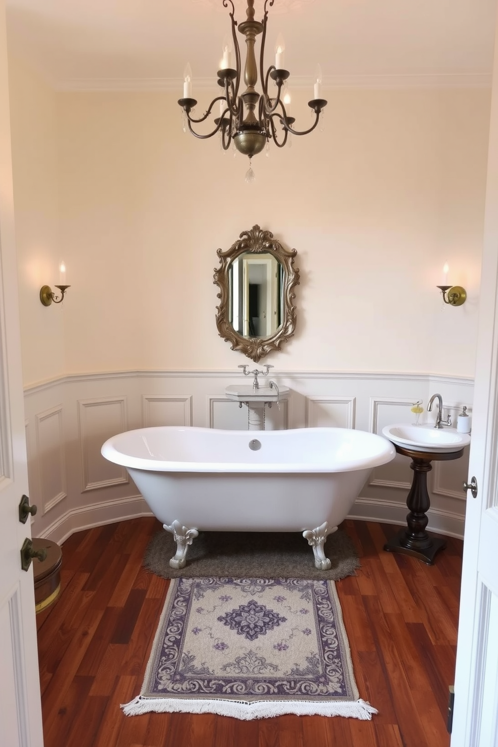 A vintage clawfoot bathtub sits gracefully in the center of the room, surrounded by intricate tile work in soft pastel colors. Above the tub, an antique chandelier casts a warm glow, enhancing the room's timeless charm. A classic pedestal sink with ornate details complements the vintage aesthetic, flanked by elegant sconces that provide ambient lighting. The walls are adorned with wainscoting painted in a soft cream, while a luxurious area rug adds warmth to the polished wooden floor.