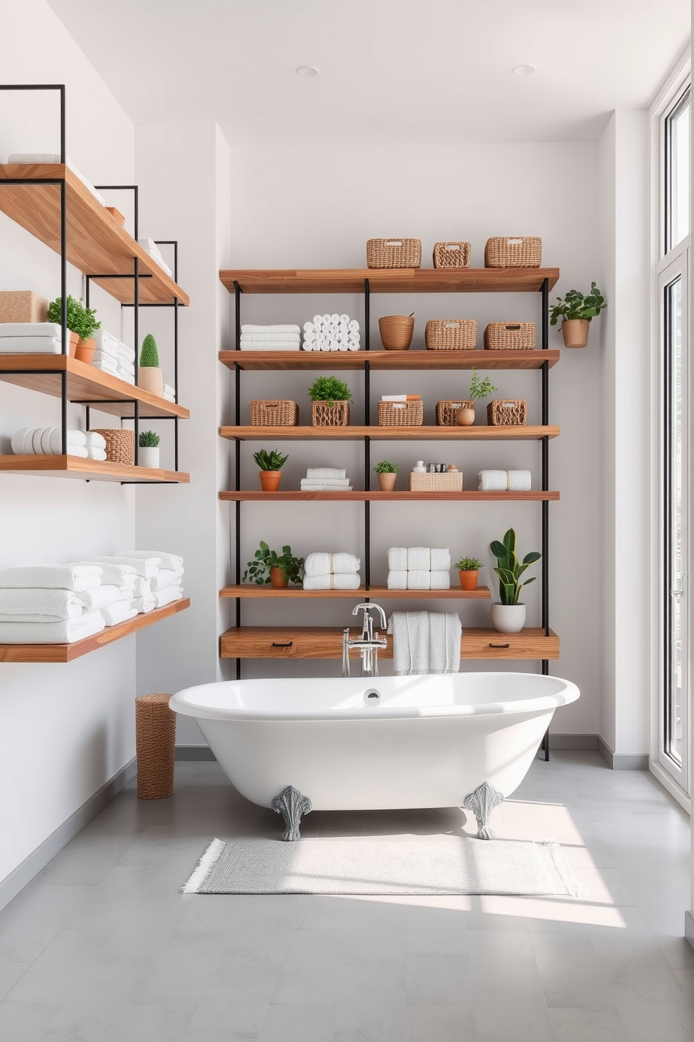 Open shelving units are strategically placed on the walls, showcasing an array of neatly arranged towels, decorative baskets, and potted plants. The shelves are made of reclaimed wood, adding warmth to the space, while the walls are painted in a soft white to enhance brightness. A freestanding bathtub sits elegantly in the center of the room, surrounded by natural light from large windows. The floor is adorned with light gray tiles, and a stylish rug adds a touch of comfort beneath the tub.