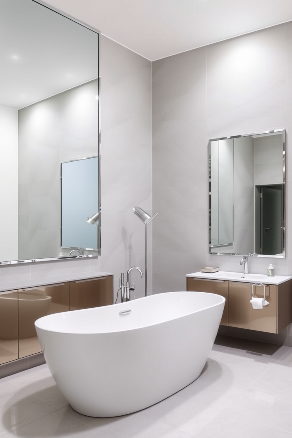 A spacious bathroom features large mirrors that reflect light and create an illusion of depth. The mirrors are framed in sleek chrome, adding a modern touch to the overall design. The walls are adorned with soft gray tiles, providing a calming backdrop. A freestanding soaking tub sits elegantly in the center, complemented by a stylish floor lamp nearby.