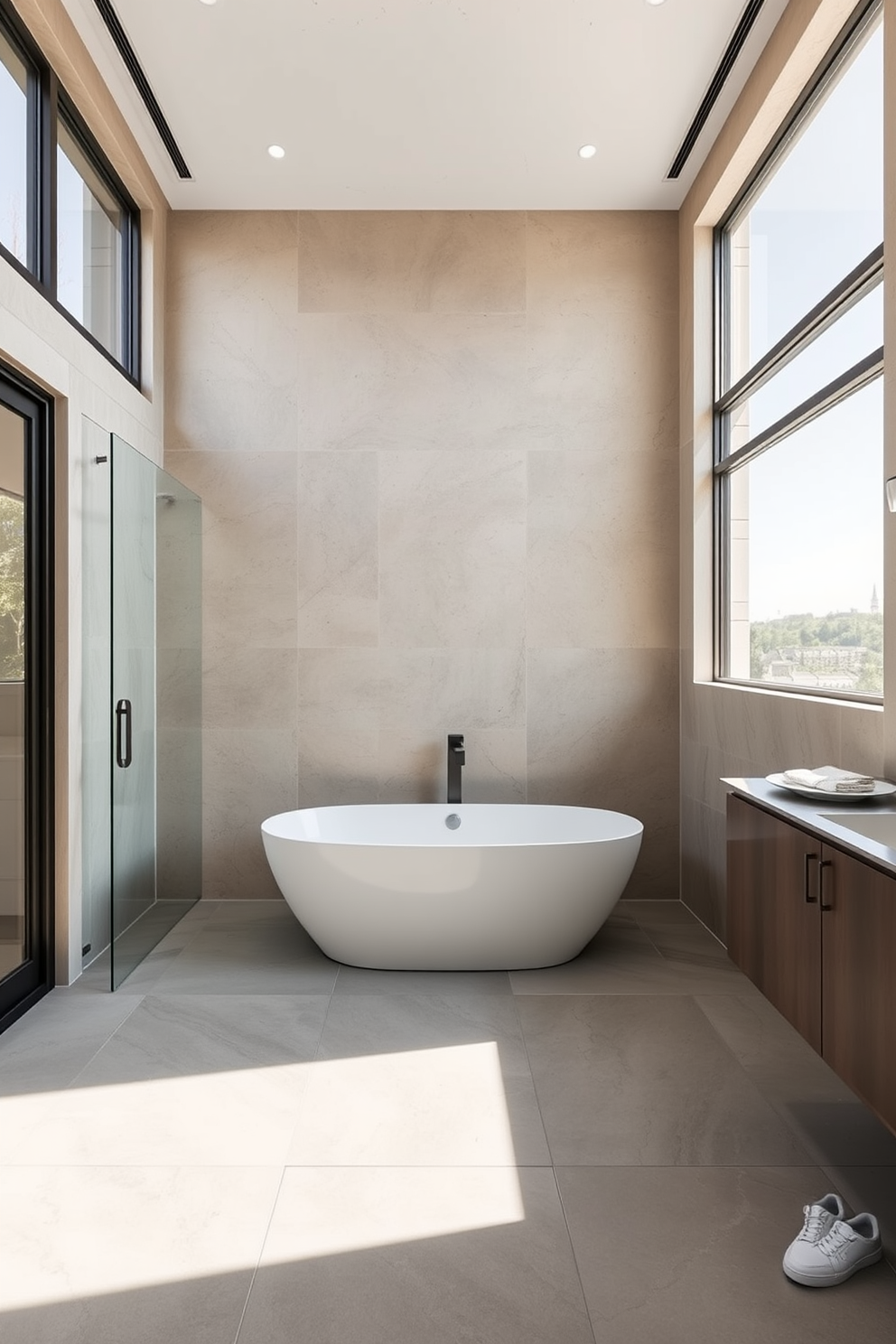 Textured walls create a stunning backdrop in a modern bathroom, enhancing the overall aesthetic with a rich tactile experience. The walls are adorned with a subtle plaster finish, adding warmth and character to the space. Complementing the textured walls, a freestanding soaking tub sits elegantly in the center, surrounded by natural light from large windows. The floor features large-format tiles in a soft gray, providing a sleek contrast to the inviting wall textures.