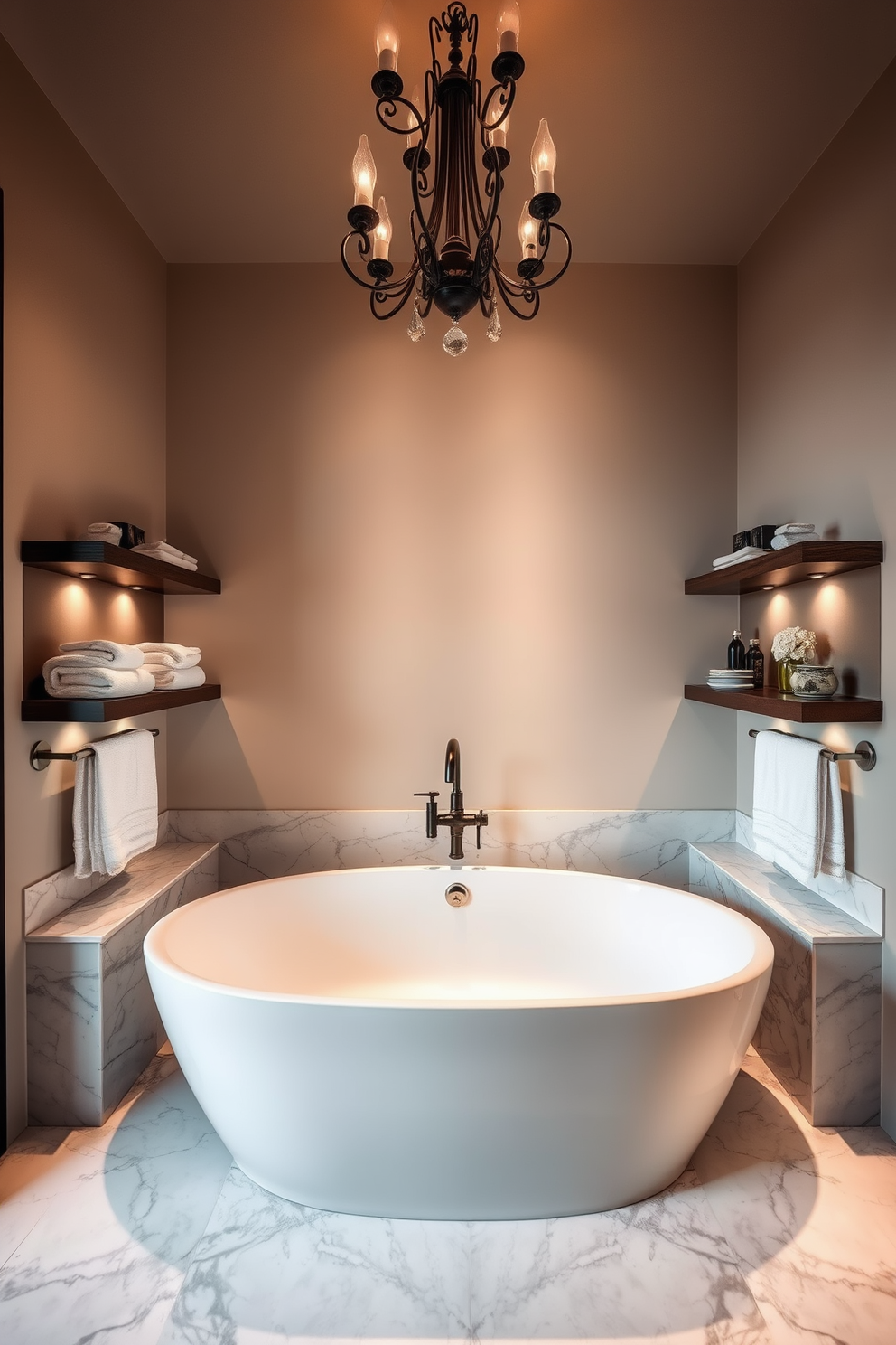 A luxurious soaking tub serves as the centerpiece of the bathroom, surrounded by elegant marble tiles that create a serene atmosphere. Soft, ambient lighting highlights the tub, while a stylish chandelier hangs above, adding a touch of sophistication. Flanking the tub are sleek wooden shelves displaying plush towels and decorative items, enhancing the overall design. The walls are painted in a calming neutral tone, complementing the rich textures of the space.