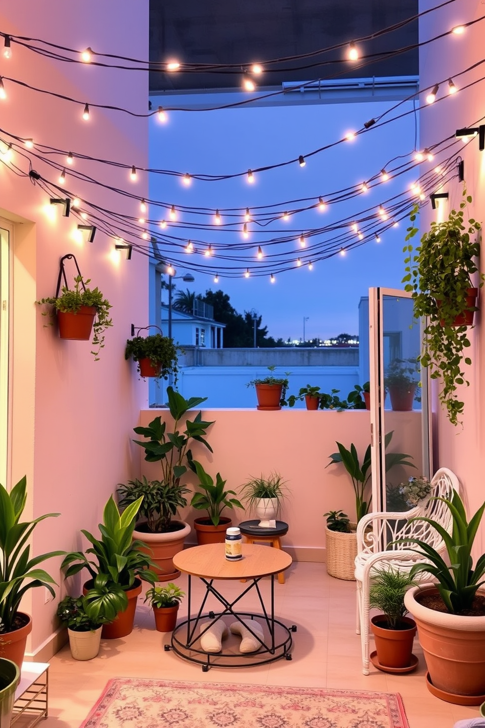 Create a cozy summer apartment setting with string lights draped across the ceiling to enhance evening ambiance. The walls are painted in a soft pastel color, and potted plants are scattered throughout the space for a fresh, vibrant feel.