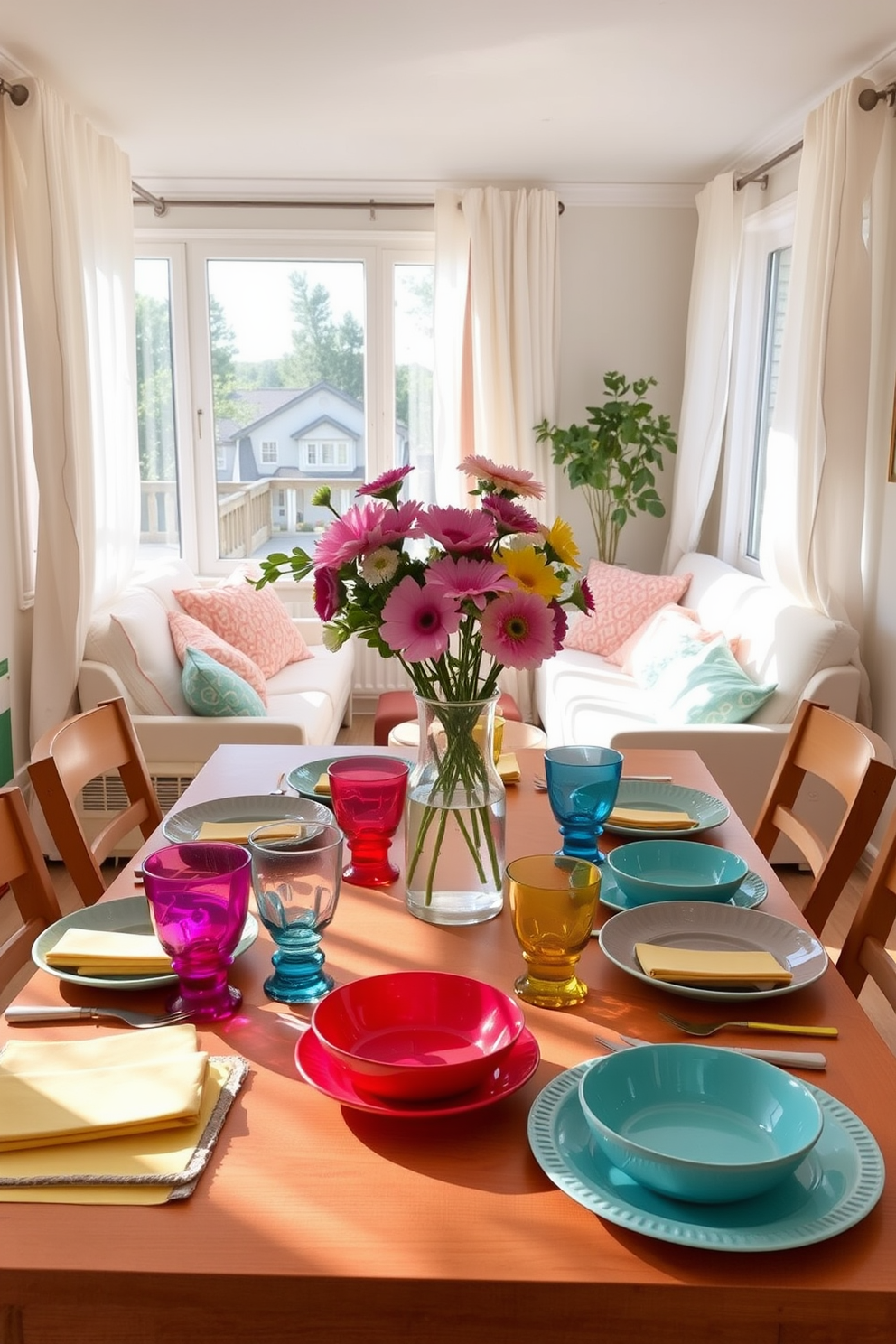 A vibrant dining table is set with an assortment of bright tableware, featuring colorful plates, mismatched glasses, and cheerful napkins. The table is adorned with a centerpiece of fresh flowers in a playful vase, creating a lively atmosphere perfect for summer gatherings. In a cozy apartment, the decor embraces a light and airy feel with pastel-colored cushions and lightweight fabrics. Sunlight streams through sheer curtains, illuminating the space and enhancing the cheerful summer vibe.