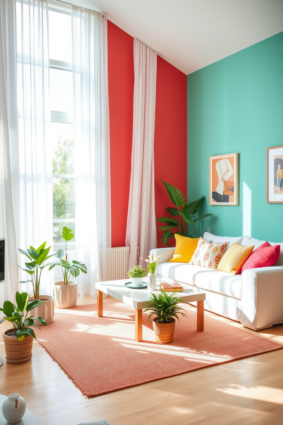 A bright and airy summer apartment featuring a cheerful accent wall painted in a vibrant coral hue. The room is filled with light from large windows adorned with sheer white curtains, creating a warm and inviting atmosphere. A cozy seating area includes a plush white sofa adorned with colorful throw pillows and a stylish coffee table. Potted plants are placed around the room, adding a refreshing touch of greenery to the cheerful decor.