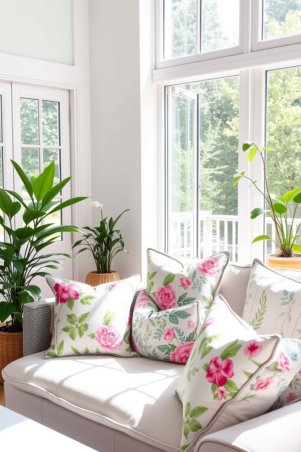 A bright and airy summer apartment living room features outdoor-inspired fabrics for cushions that evoke a sense of relaxation and nature. The cushions are adorned with vibrant floral patterns and soft textures, inviting comfort and style. Large windows allow natural light to flood the space, highlighting the cheerful color palette of soft blues and greens. Potted plants are strategically placed around the room, enhancing the fresh and inviting atmosphere.