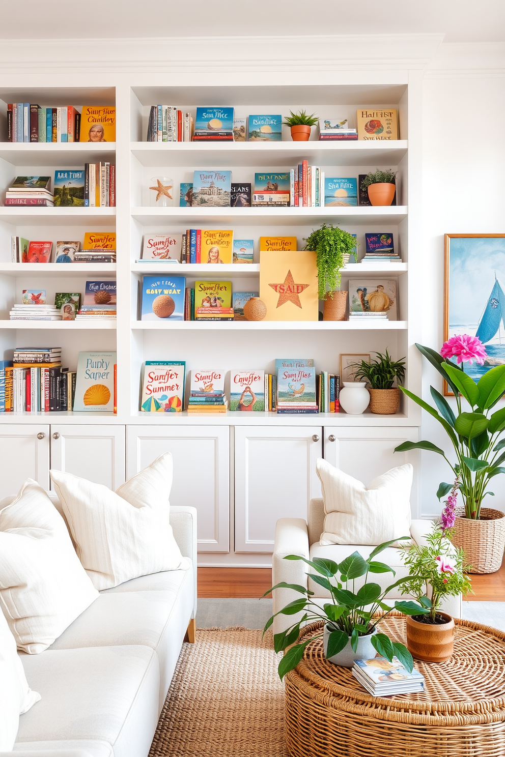 A bright and airy living room filled with summer-themed books displayed on open shelves. The shelves are painted white, creating a fresh backdrop for the colorful book covers and decorative beach-inspired accessories. Cozy seating arrangements feature light linen cushions and a woven coffee table. Potted plants and vibrant artwork add a touch of nature and creativity to the summer apartment decor.