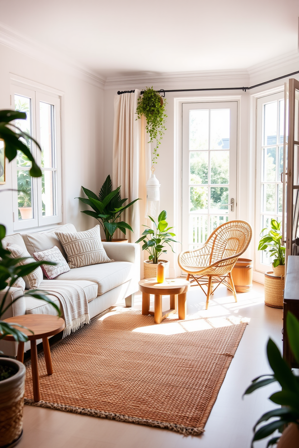 A bright and airy summer apartment filled with natural light. The living area features a cozy sofa adorned with woven throw pillows and a textured area rug that adds warmth to the space. In the corner, a rattan chair invites relaxation, complemented by a small side table made of reclaimed wood. The walls are painted in a soft pastel hue, and potted plants bring a touch of nature indoors, enhancing the fresh and vibrant atmosphere.