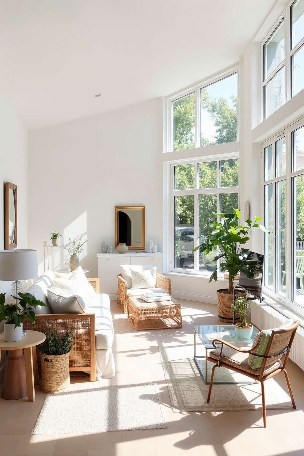 A bright and airy summer apartment filled with light. Large windows allow sunlight to pour in, illuminating the space and creating a warm atmosphere. Decorate with light fabrics and pastel colors to enhance the feeling of openness. Incorporate mirrors strategically to reflect natural light and make the space feel even more expansive.