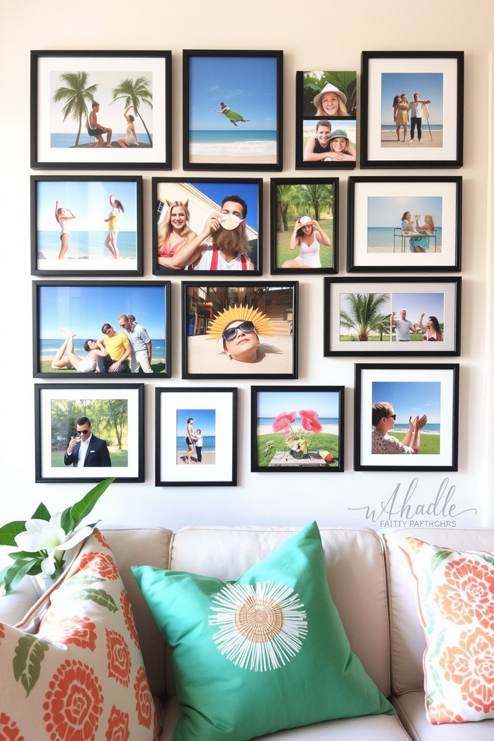 Create a gallery wall filled with vibrant summer photos that capture the essence of the season. Arrange the pictures in various sizes and frames to create an eclectic yet cohesive look. Incorporate bright colors and natural elements to enhance the summer vibe in your apartment. Use decorative accents like throw pillows and light curtains to complement the overall design theme.