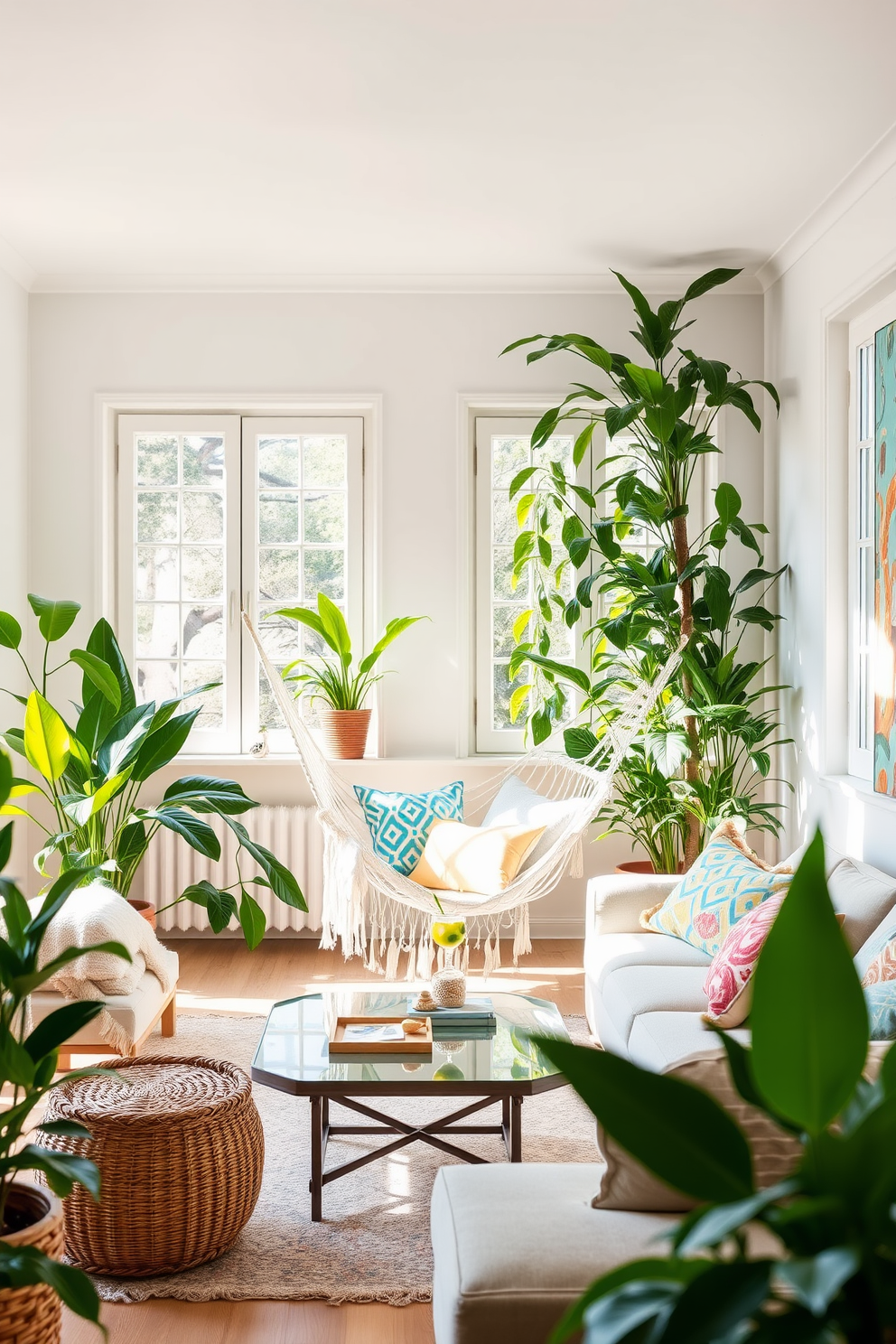 A bright and airy summer apartment featuring a cozy hammock chair suspended in a corner, surrounded by lush indoor plants. The walls are painted a soft pastel color, and the sunlight streams through large windows, illuminating the space with a warm glow. The living area is adorned with light, breezy textiles and a mix of vibrant throw pillows, creating an inviting atmosphere. A stylish coffee table sits in front of the hammock chair, topped with a few summer-themed decor pieces and a refreshing drink.