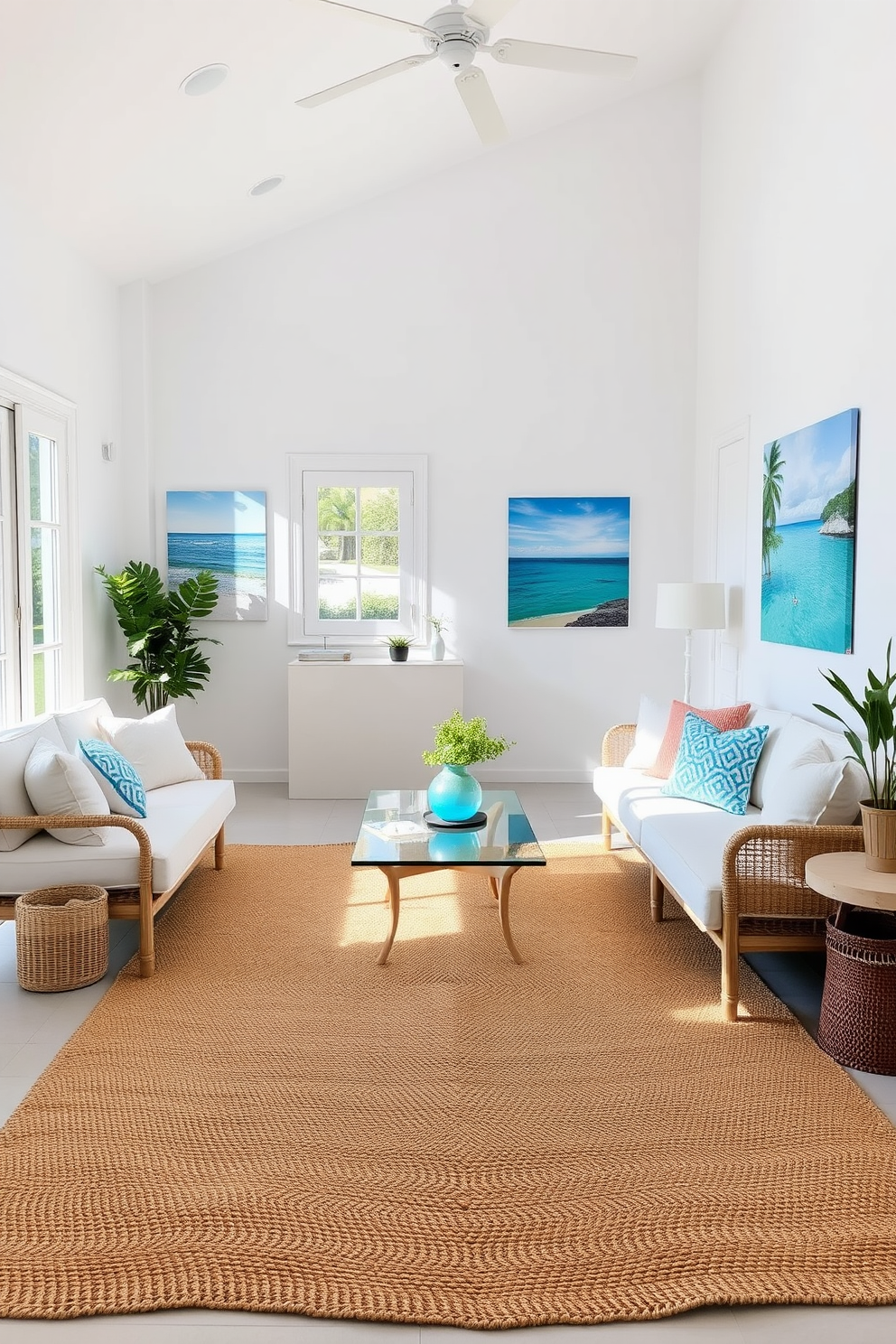 A bright and airy summer apartment filled with natural light. The walls are adorned with vibrant beach-themed artwork depicting ocean scenes and tropical landscapes. Cozy seating areas feature soft, pastel-colored cushions and lightweight fabrics. A large, woven jute rug anchors the space, bringing in a touch of coastal charm.