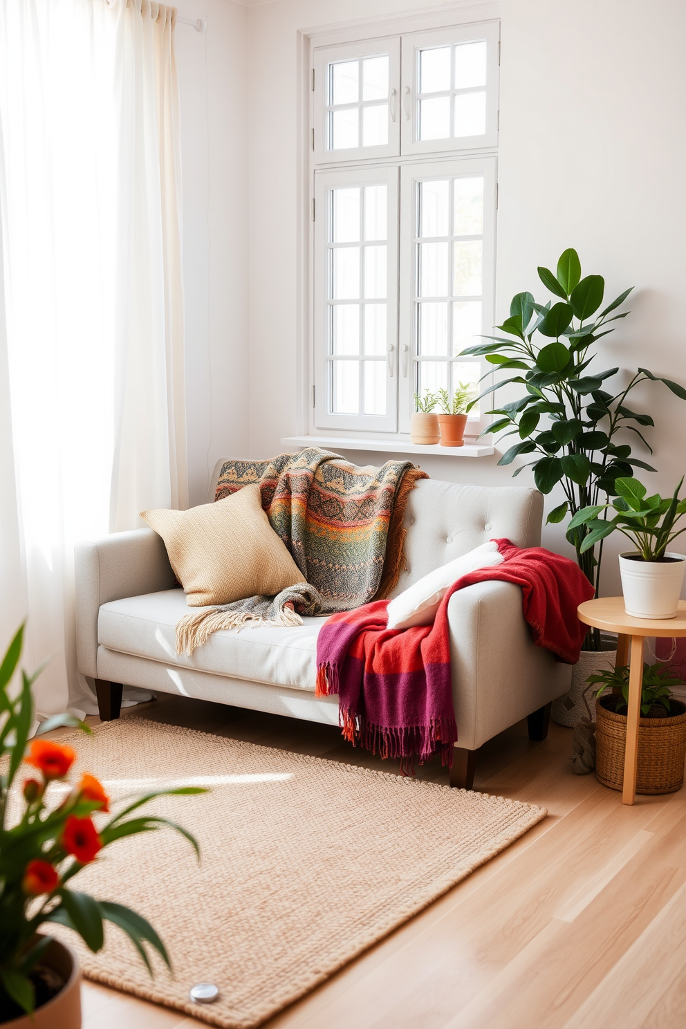 A bright and airy summer apartment filled with natural light. Colorful throws are draped over a light gray sofa, adding warmth and comfort to the space. The walls are painted in a soft pastel hue, complementing the vibrant textiles. A cozy area rug anchors the seating area, while potted plants bring a touch of nature indoors.