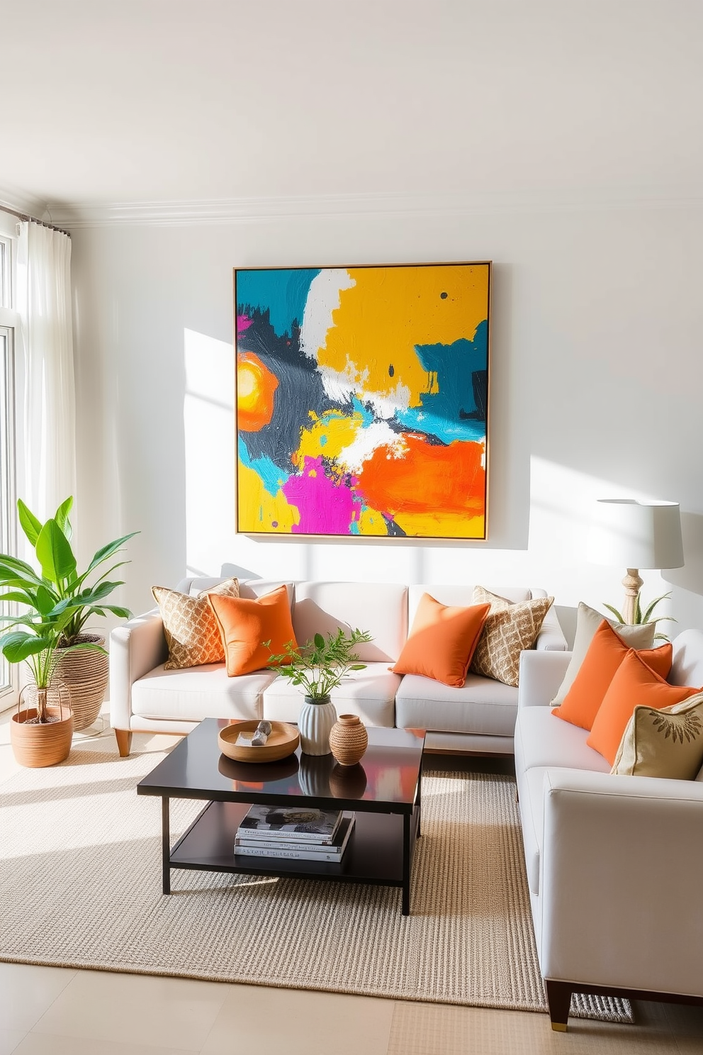 Choose vibrant artwork for focal points in a sunlit living room. A large abstract painting with bold colors hangs above a sleek modern sofa adorned with bright throw pillows. Incorporate fresh greenery with potted plants placed strategically around the space. Use light, airy textiles for curtains and cushions to enhance the summer vibe and create a welcoming atmosphere.