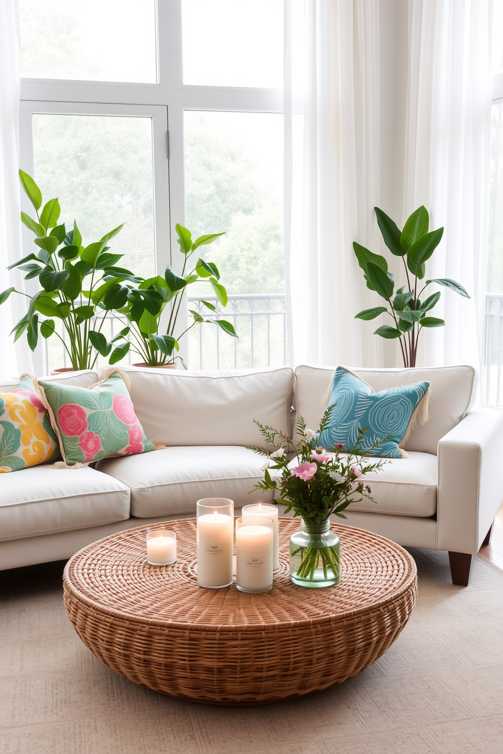 A bright and airy summer apartment setting. The living room features a light-colored sofa adorned with vibrant throw pillows and a woven coffee table in the center. Large windows allow natural light to flood the space, framed by sheer white curtains. Potted plants add a touch of greenery, while scented candles with fresh fragrances are artfully arranged on the coffee table.