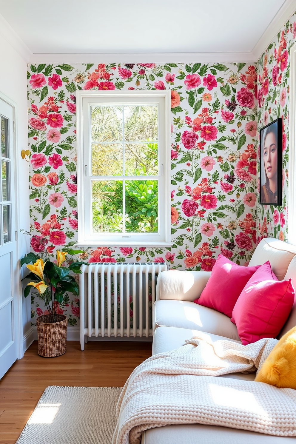 A bright and airy summer apartment filled with light. The walls are adorned with removable wallpaper featuring a vibrant floral pattern that brings the outdoors in. A cozy seating area with a plush sofa in soft pastel shades. Accents of bright throw pillows and a lightweight, textured blanket add a touch of comfort and style.