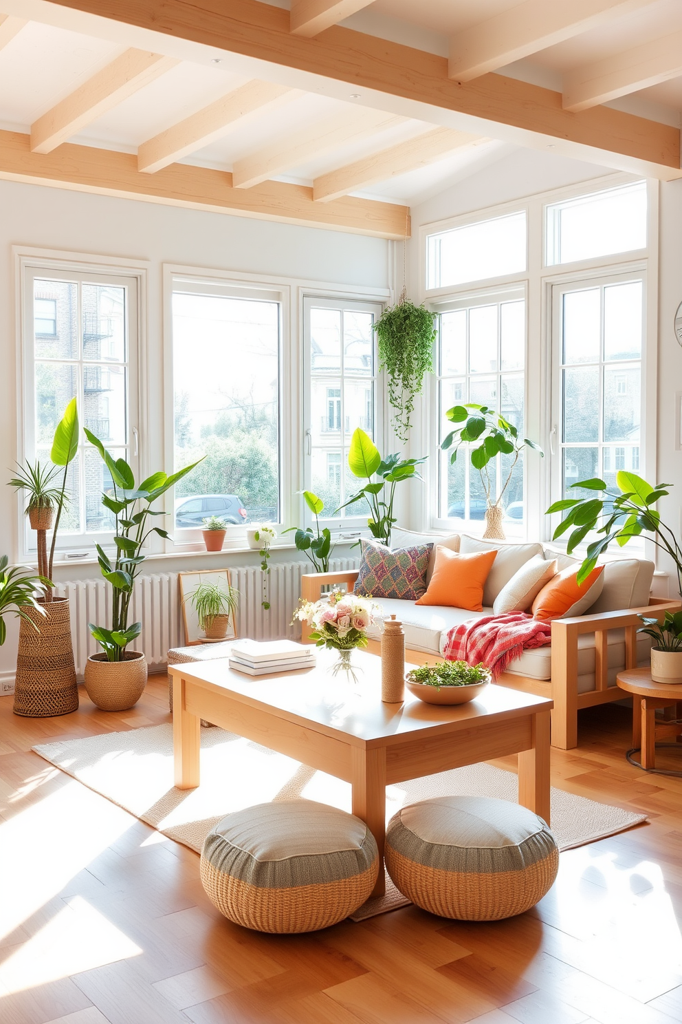 A bright and airy summer apartment filled with light wood furniture that exudes warmth and comfort. The living room features a light wood coffee table surrounded by a cozy sectional sofa adorned with colorful cushions. Large windows allow natural light to flood the space, creating a cheerful atmosphere. Potted plants are strategically placed to enhance the fresh and vibrant feel of the apartment.