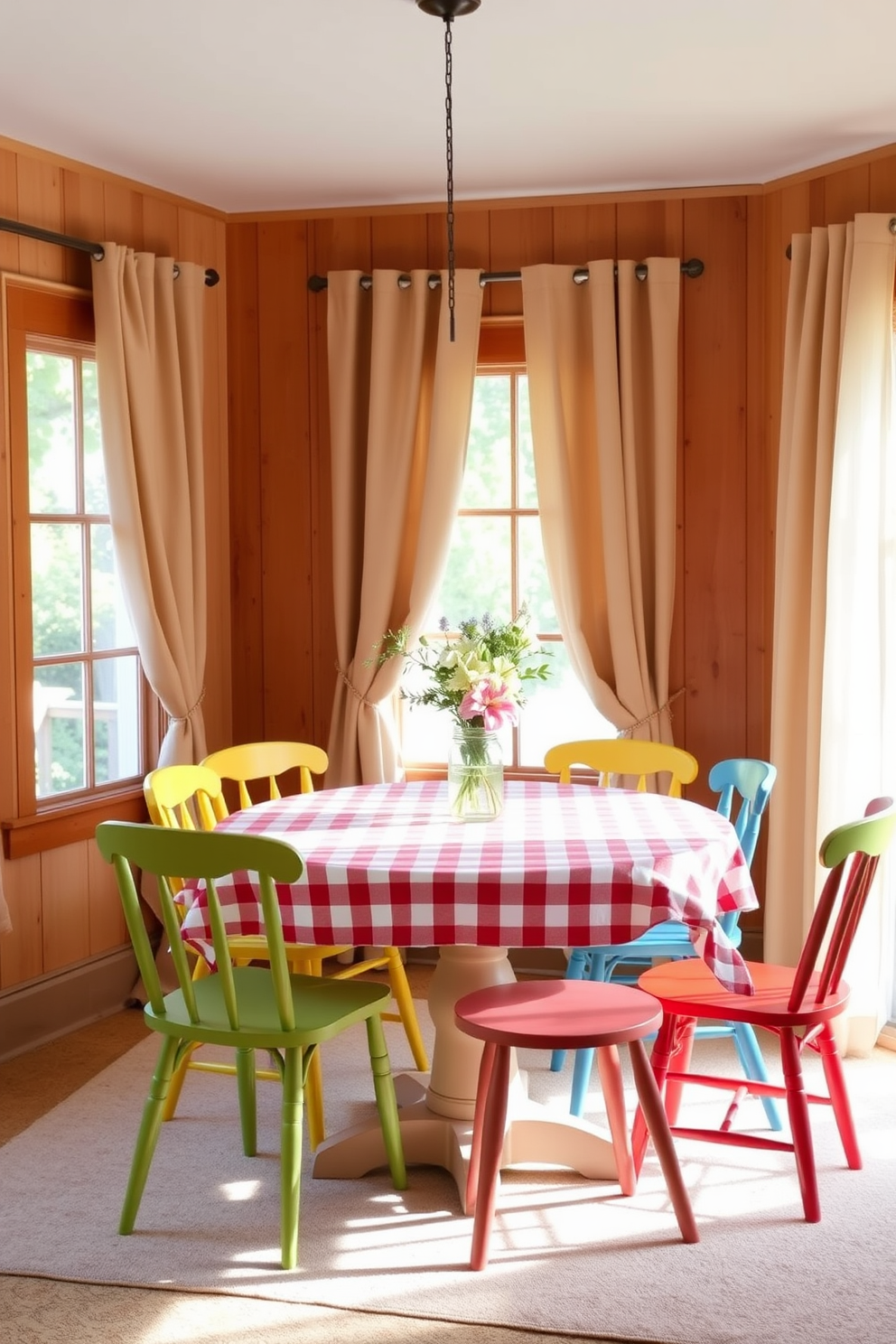 A cozy indoor dining area inspired by a summer picnic. The table is set with a checkered tablecloth, surrounded by mismatched chairs in bright colors. Fresh flowers in a mason jar serve as the centerpiece. Soft, natural light streams in through large windows adorned with sheer curtains, creating a warm and inviting atmosphere.