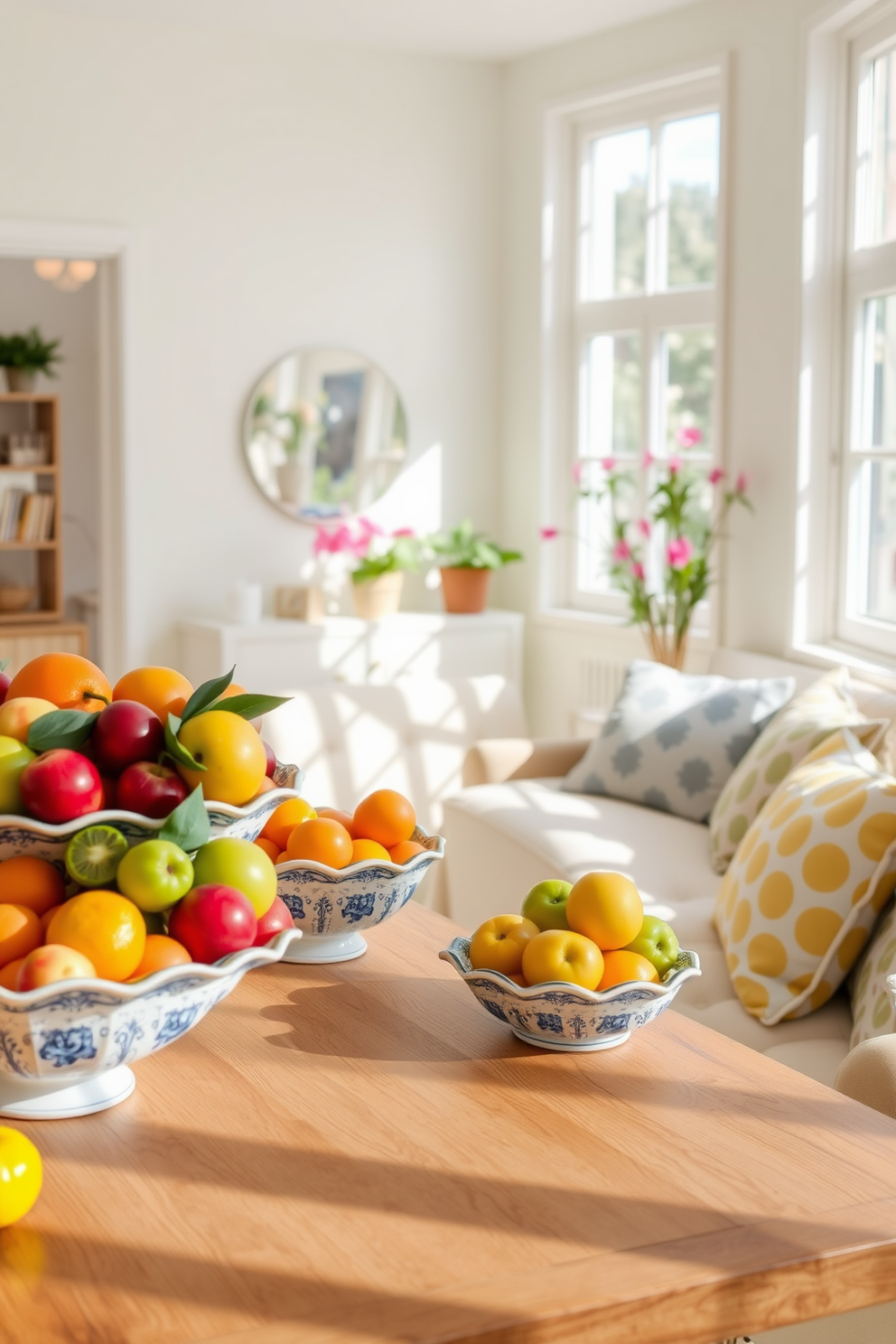 A bright and airy summer apartment filled with natural light. Decorative bowls overflowing with vibrant seasonal fruits are artfully arranged on a wooden dining table. The walls are painted in a soft pastel hue, creating a refreshing backdrop. Plush cushions in cheerful patterns adorn the cozy seating area, inviting relaxation and comfort.