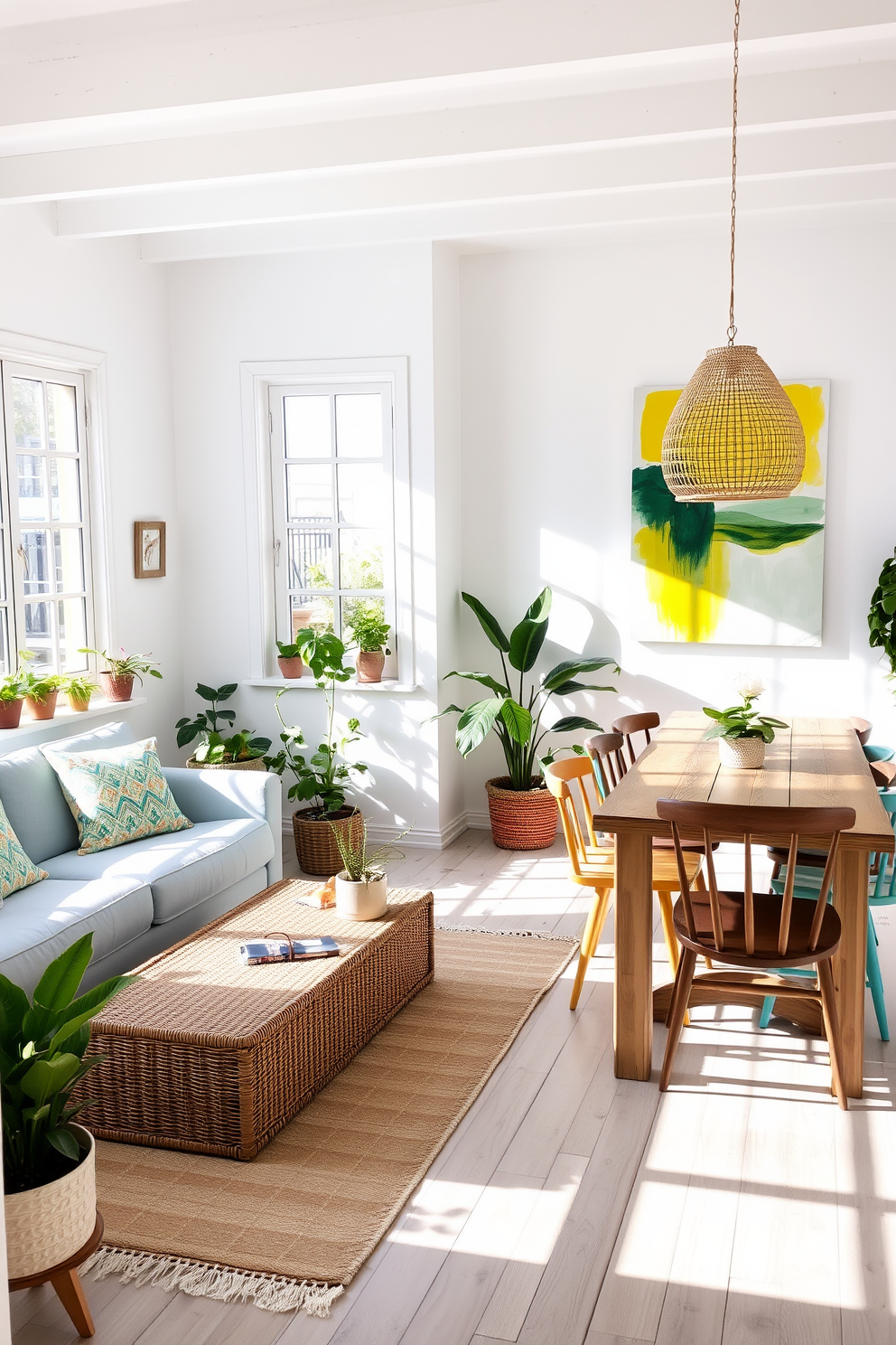 A bright and airy summer apartment filled with natural light. The living room features a light blue sofa adorned with vibrant patterned throw pillows and a woven coffee table. The walls are painted in a soft white, accented with a large abstract artwork that incorporates shades of yellow and green. A cozy area rug with a geometric pattern lies beneath, while potted plants add a touch of greenery throughout the space. The dining area showcases a rustic wooden table surrounded by mismatched chairs in different colors and patterns. A pendant light with a woven design hangs above, creating an inviting atmosphere for summer meals.