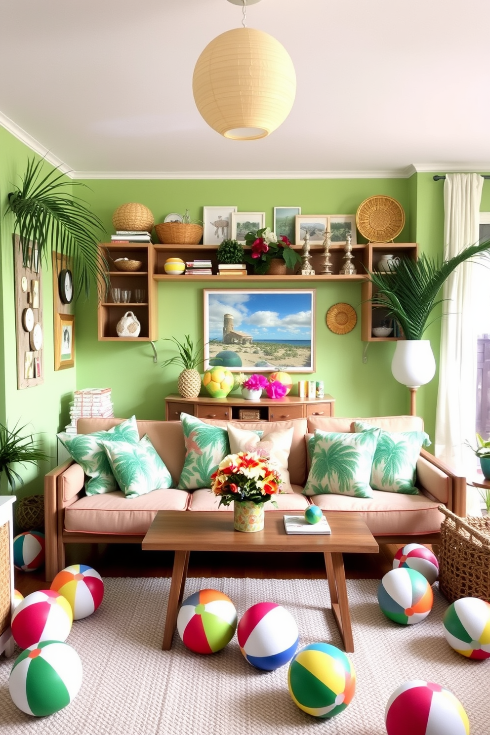 A vibrant summer apartment setting filled with playful decor items. Colorful beach balls are scattered throughout the living area, adding a fun and whimsical touch to the space. The walls are painted in a bright, cheerful hue, enhancing the summer vibe. A cozy seating arrangement features oversized cushions in tropical patterns, inviting relaxation and enjoyment.