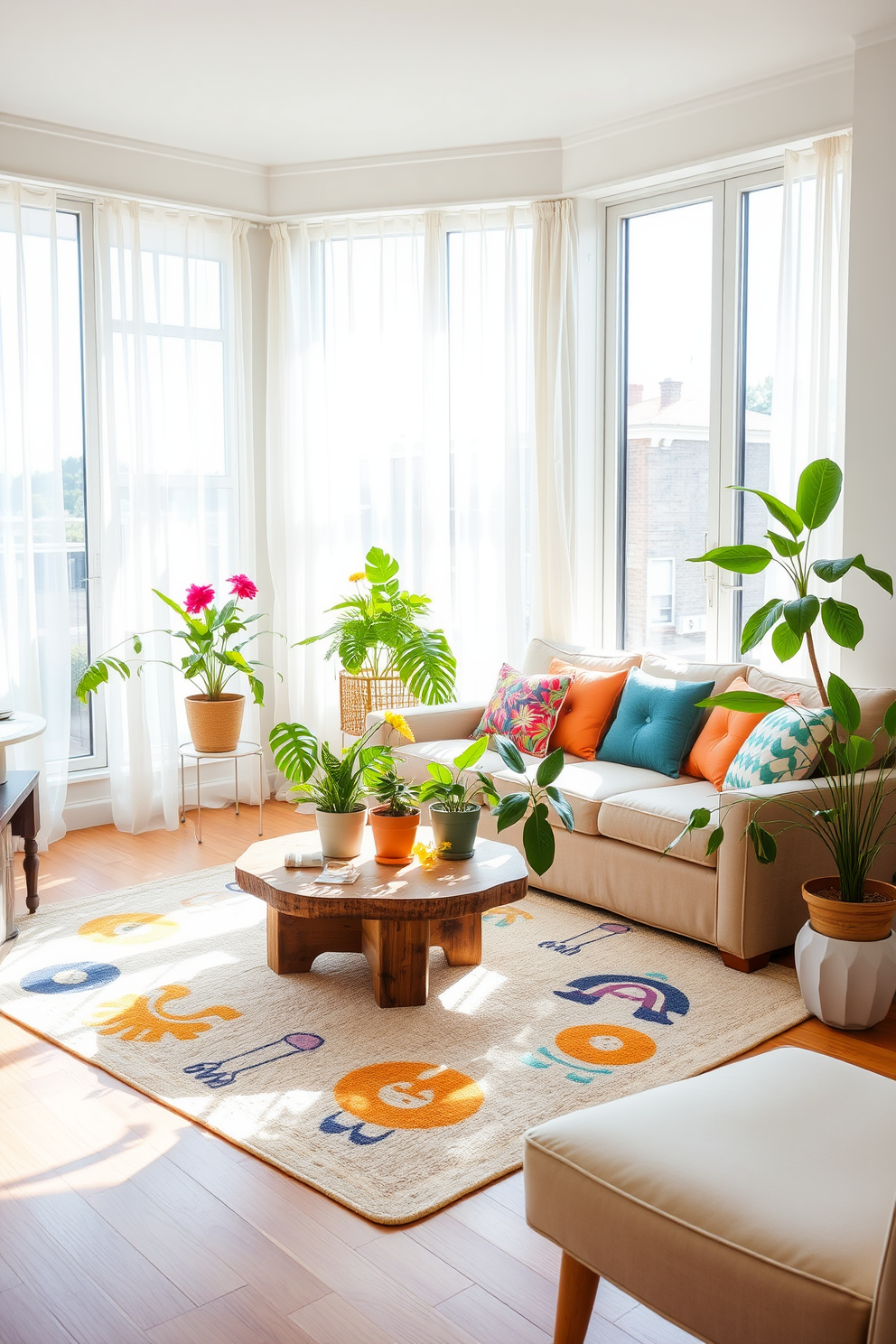 A bright and airy living room filled with natural light. The space features a comfortable sofa adorned with colorful cushions and a fun rug with summer motifs, bringing a playful touch to the decor. Large windows are dressed with light, flowing curtains that enhance the cheerful atmosphere. A coffee table made of reclaimed wood sits in the center, surrounded by vibrant potted plants that add a fresh feel to the apartment.