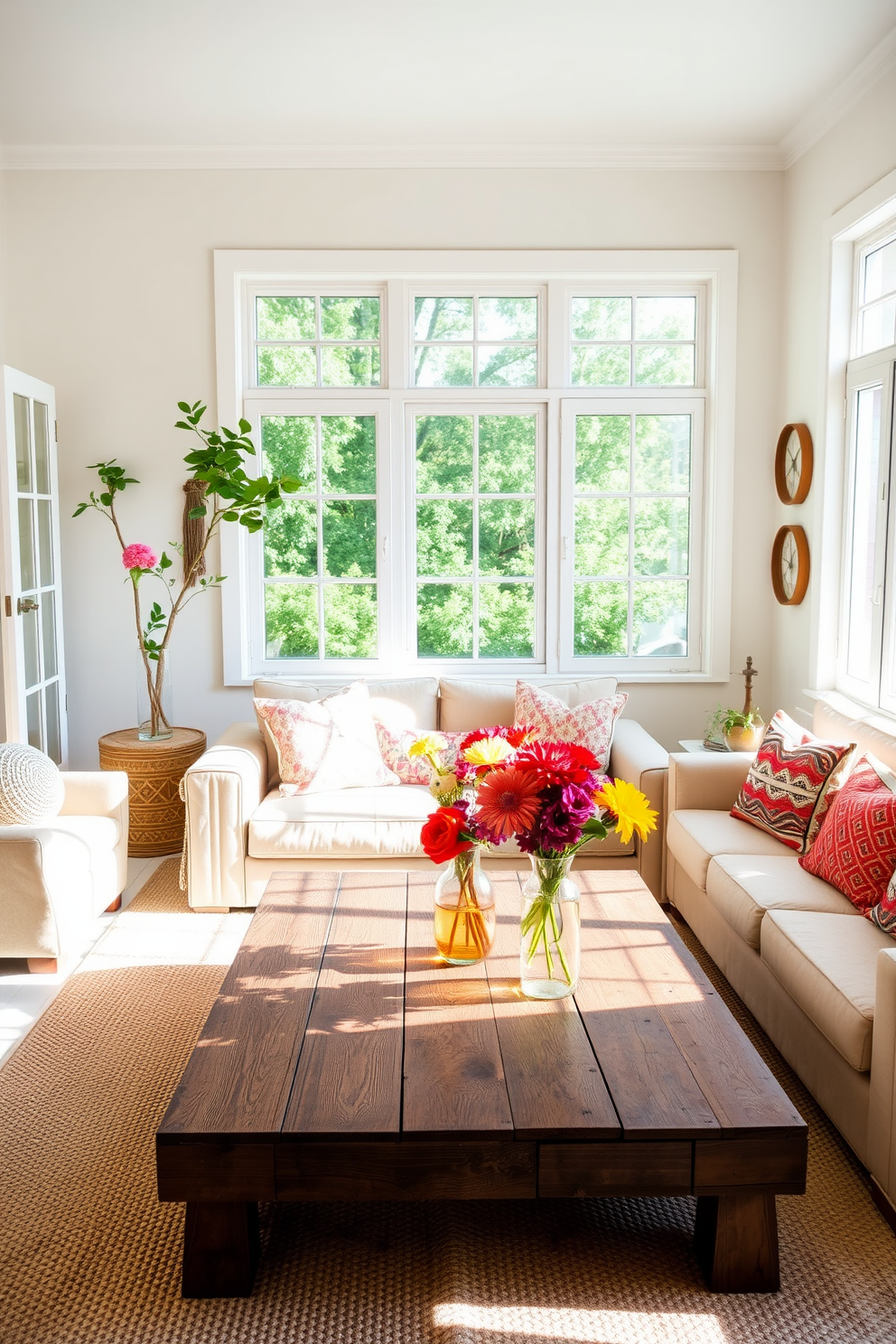 A bright and airy summer apartment filled with natural light. The living room features a soft beige sofa adorned with colorful throw pillows, and a large coffee table made of reclaimed wood sits in the center. Fresh flowers in vibrant vases are placed strategically throughout the space, adding a touch of nature. The walls are painted in a light pastel color, and a cozy area rug anchors the seating arrangement.