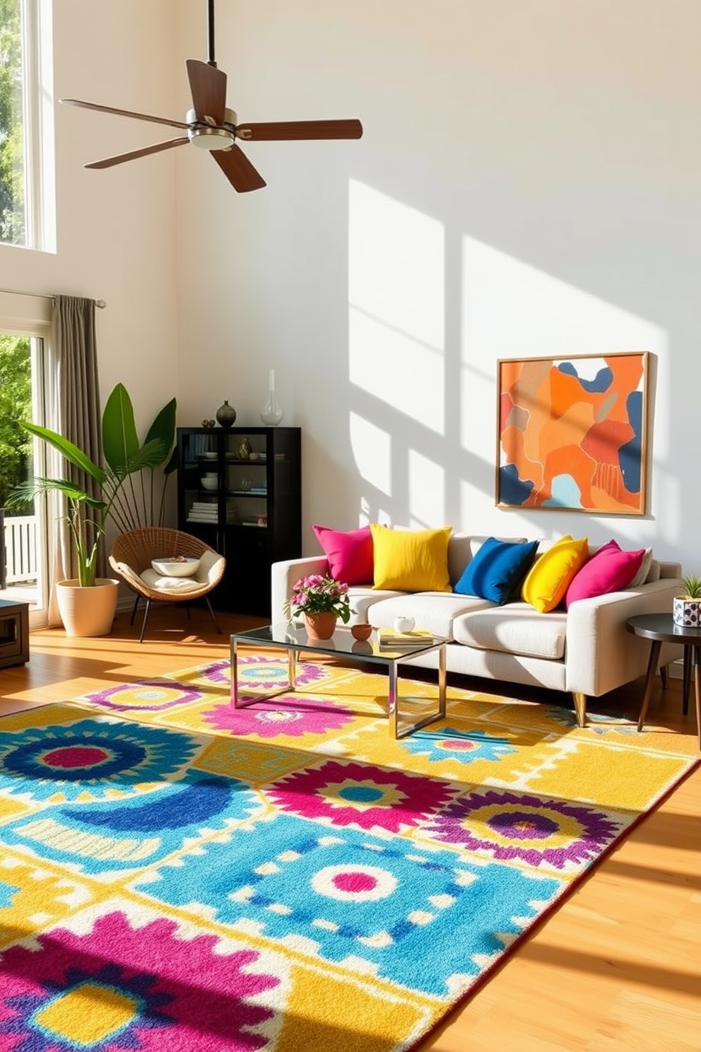 A vibrant living room filled with natural light. A large colorful area rug anchors the space, featuring bold geometric patterns that complement the surrounding furniture. The walls are painted in a soft, neutral tone to enhance the brightness of the room. Plush cushions in various colors are scattered across a modern sofa, creating an inviting atmosphere for summer gatherings.