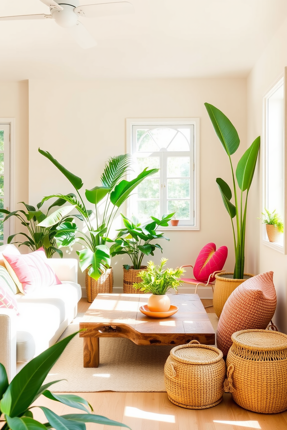 A bright and airy summer apartment filled with natural light. The space features a cozy seating area with a light-colored sofa adorned with vibrant throw pillows and a coffee table made of reclaimed wood. In the corner, a collection of tropical plants adds a refreshing touch, creating a lush green atmosphere. The walls are painted in a soft beige, complemented by light wooden accents and woven baskets for storage.