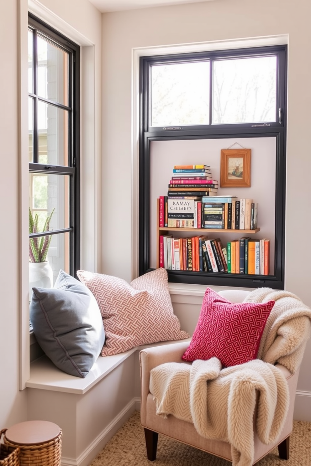 Create a cozy reading nook with plush cushions and a soft throw blanket. A large window lets in natural light, illuminating a small bookshelf filled with colorful novels and a comfy armchair positioned nearby.