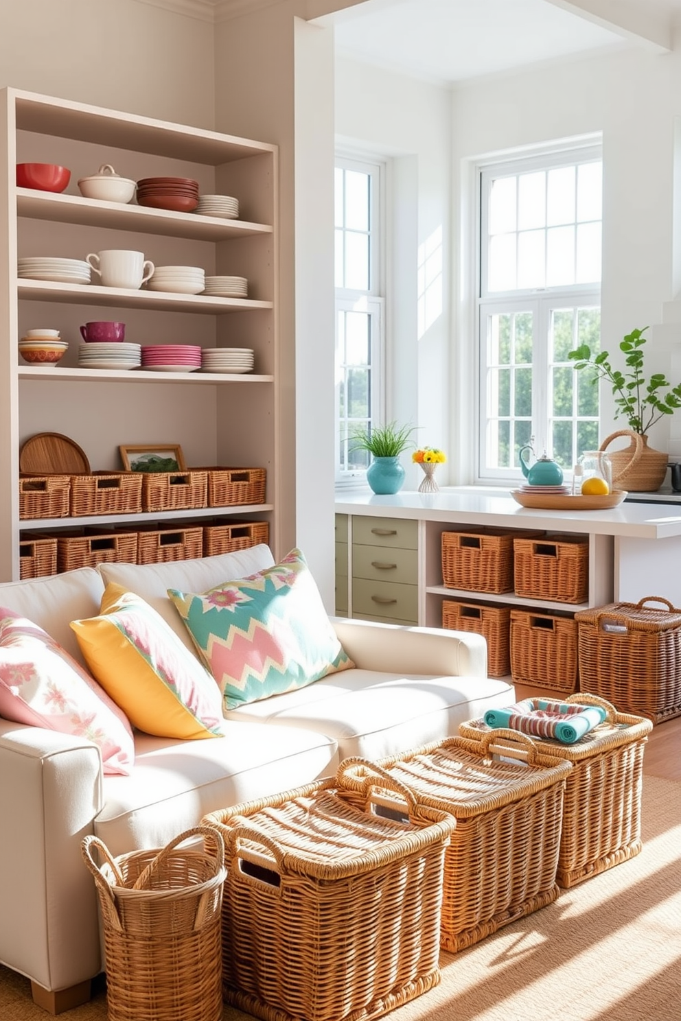 A bright and airy summer apartment decorated with wicker baskets for stylish storage. The living room features a light-colored sofa adorned with vibrant throw pillows, while wicker baskets are neatly arranged in the corner, providing both functionality and charm. In the kitchen, open shelving displays colorful dishware, complemented by wicker baskets that hold fresh produce and kitchen essentials. The space is enhanced by large windows that let in natural light, creating a warm and inviting atmosphere.