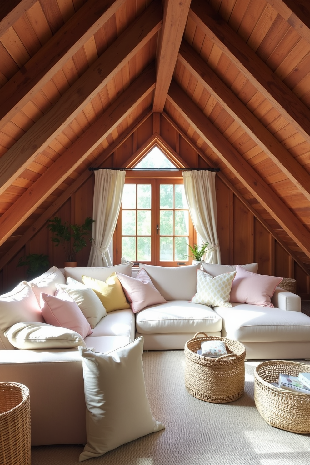 Brighten the space with an array of pastel-colored throw pillows scattered across a cozy sectional sofa. The attic features exposed wooden beams and soft natural light streaming in through a large window, creating a warm and inviting atmosphere. Incorporate light and airy fabrics for curtains to enhance the summer vibe. Add a few potted plants and a woven basket for additional texture and a touch of nature.